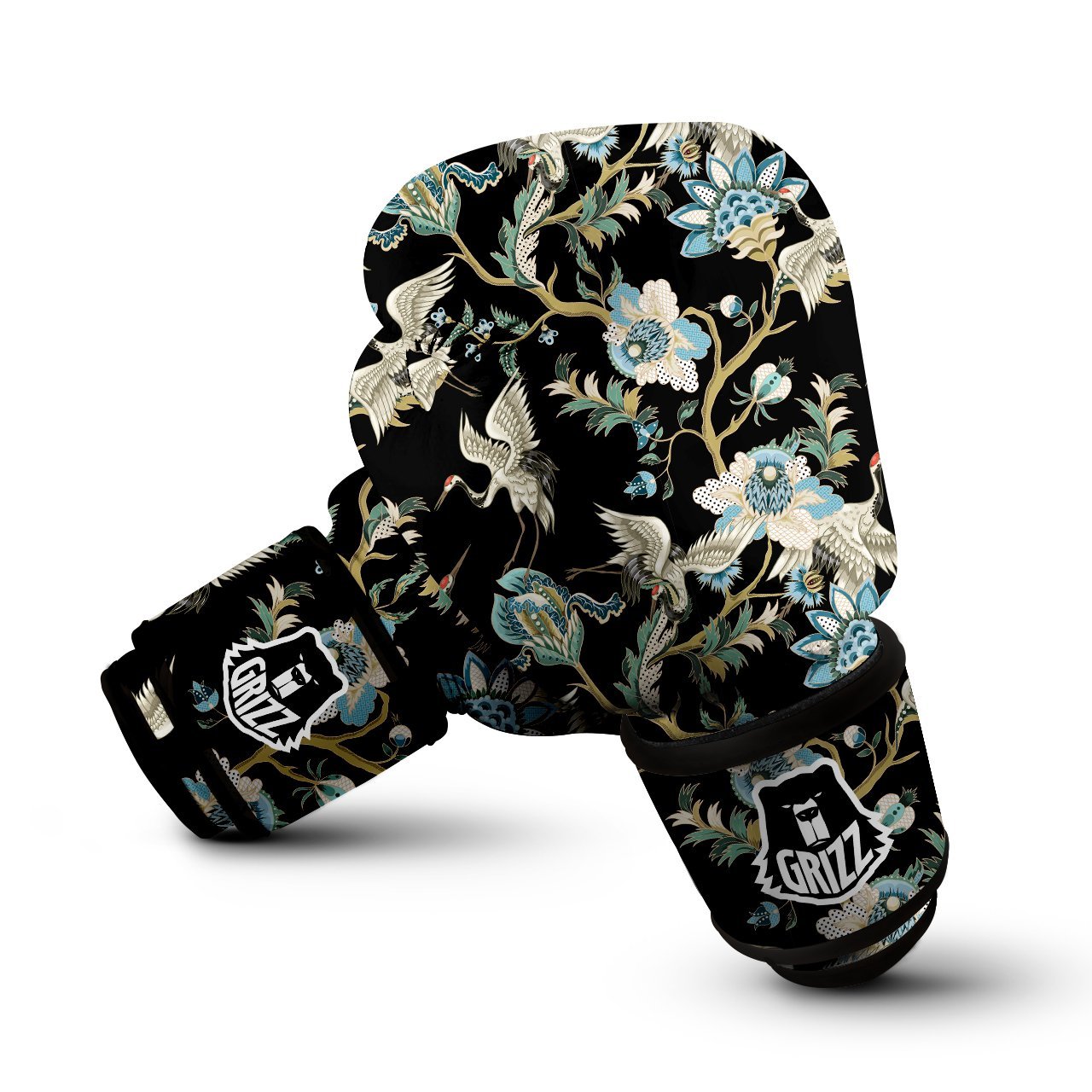 White Cranes Japanese Black Print Pattern Boxing Gloves-grizzshop