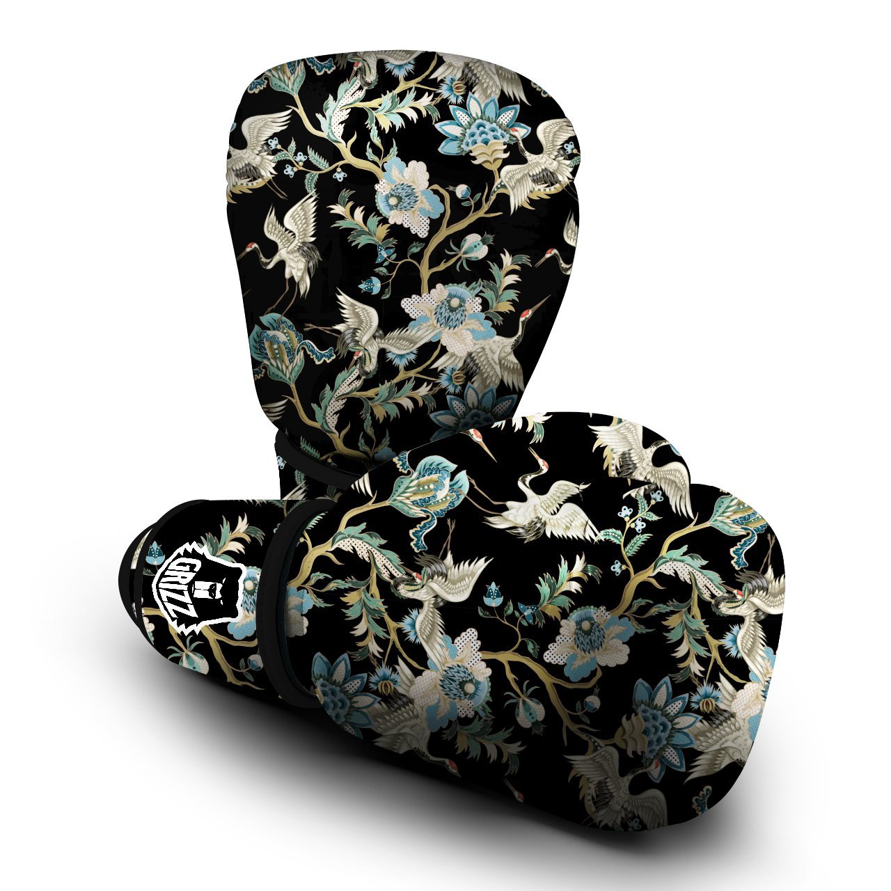 White Cranes Japanese Black Print Pattern Boxing Gloves-grizzshop