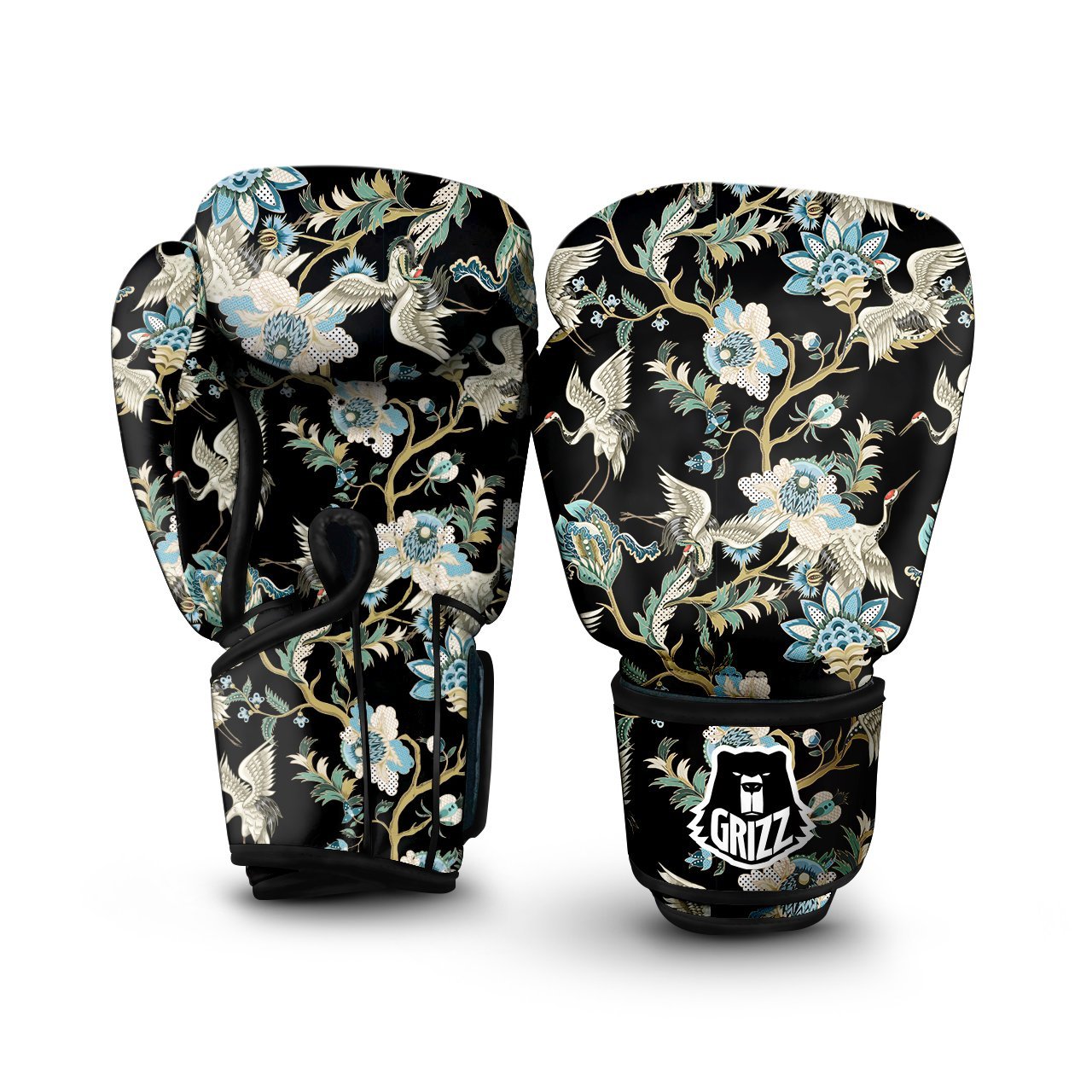 White Cranes Japanese Black Print Pattern Boxing Gloves-grizzshop