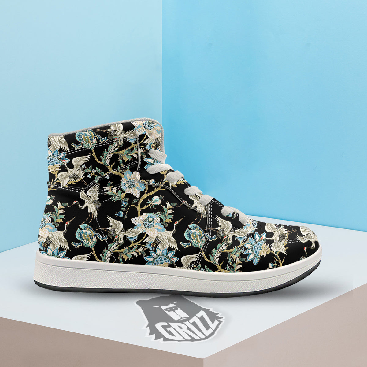 White Cranes Japanese Black Print Pattern High Top Sneakers-grizzshop