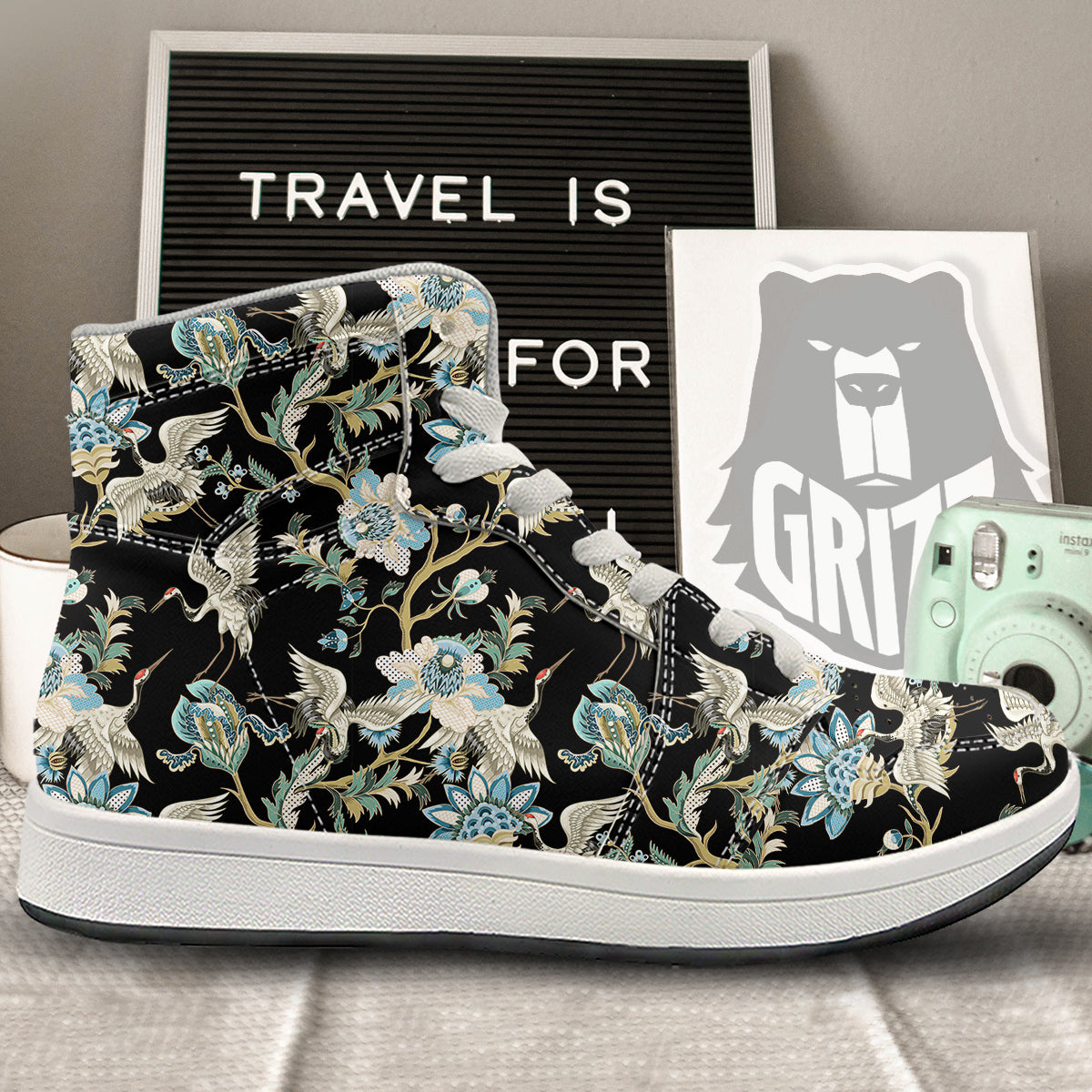 White Cranes Japanese Black Print Pattern High Top Sneakers-grizzshop