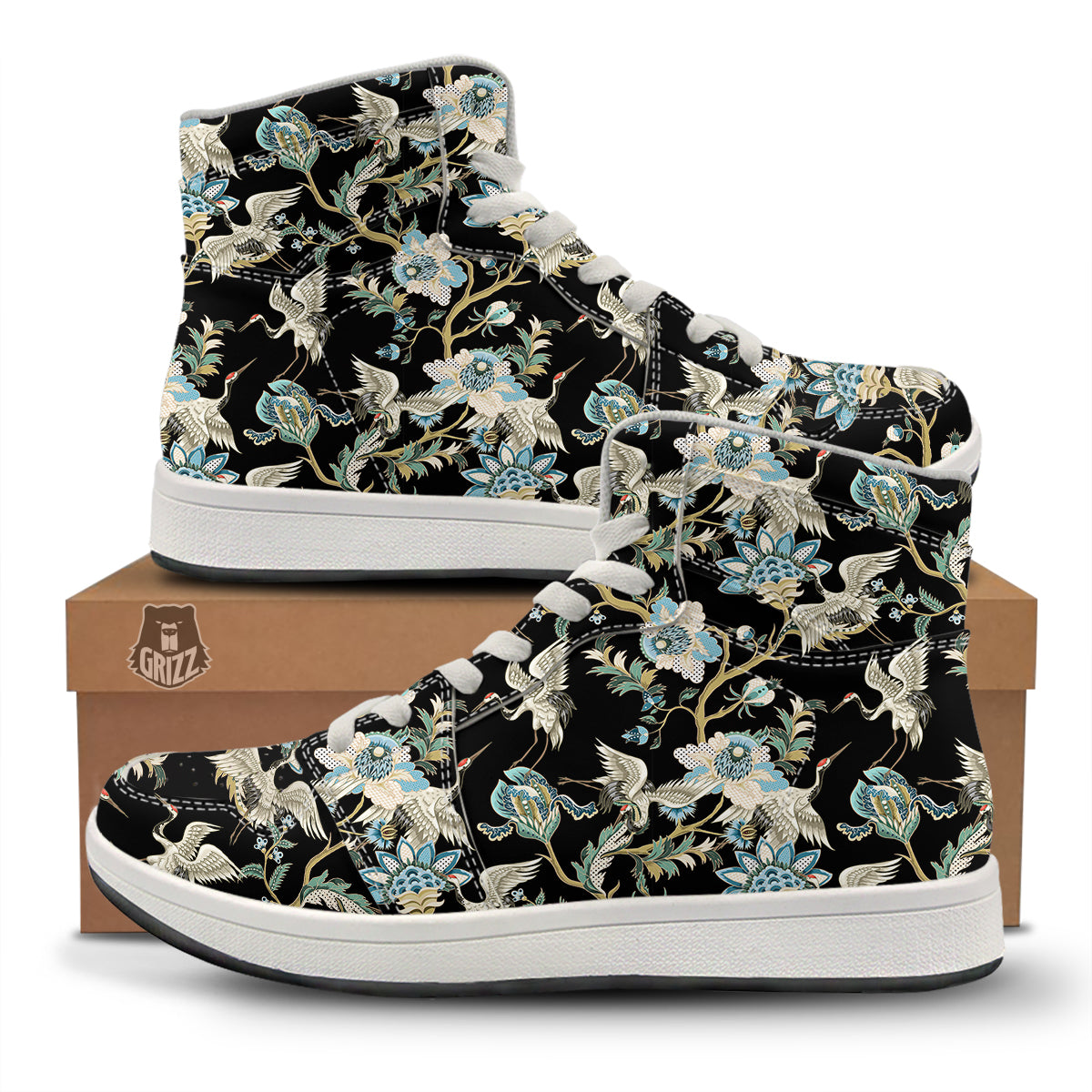 White Cranes Japanese Black Print Pattern High Top Sneakers-grizzshop