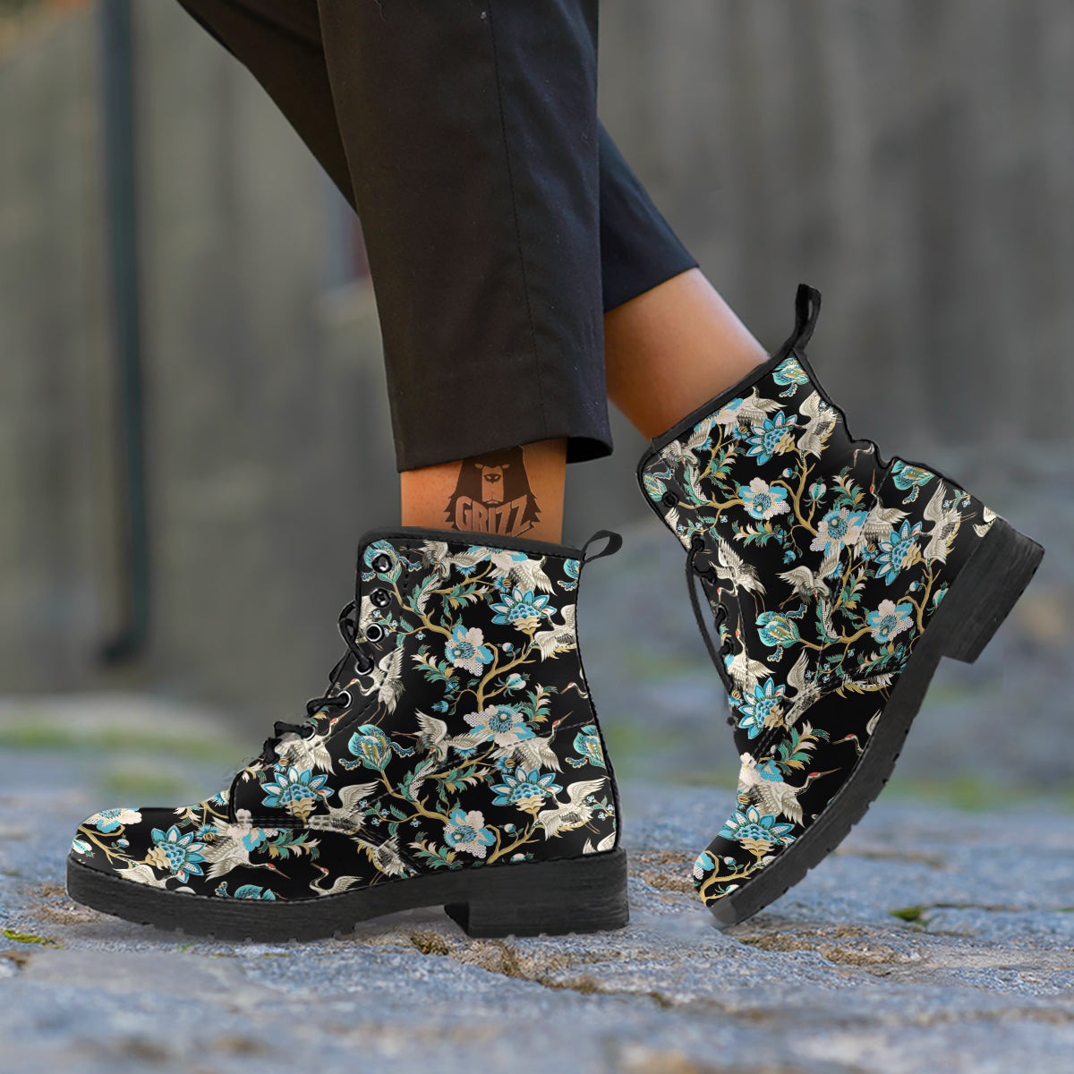 White Cranes Japanese Black Print Pattern Leather Boots-grizzshop