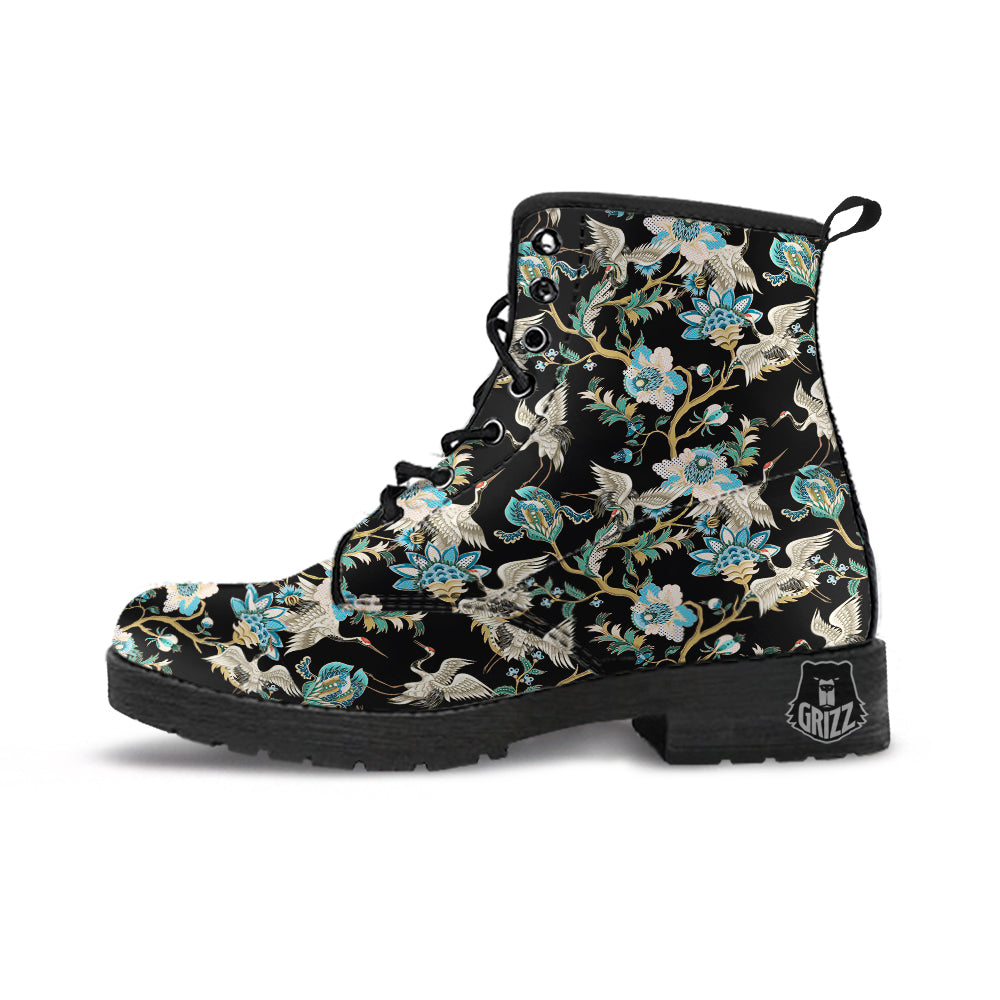 White Cranes Japanese Black Print Pattern Leather Boots-grizzshop