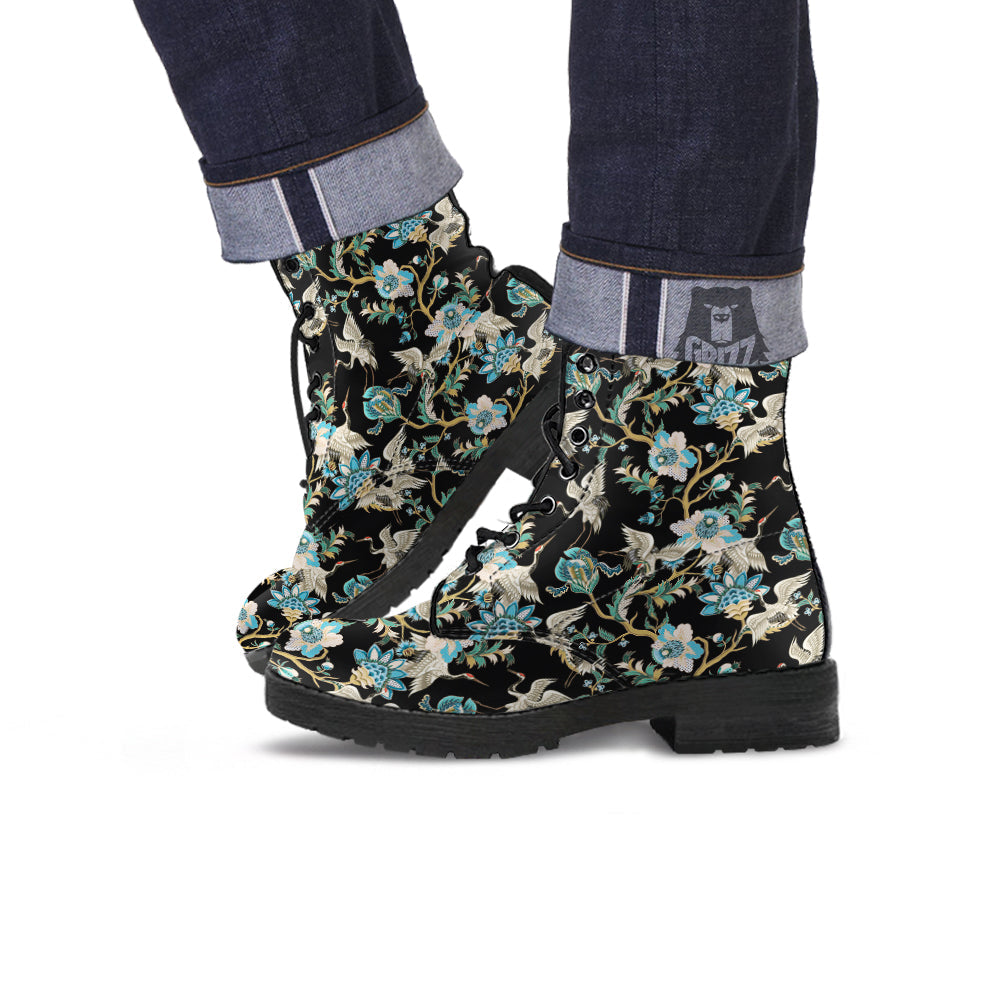 White Cranes Japanese Black Print Pattern Leather Boots-grizzshop