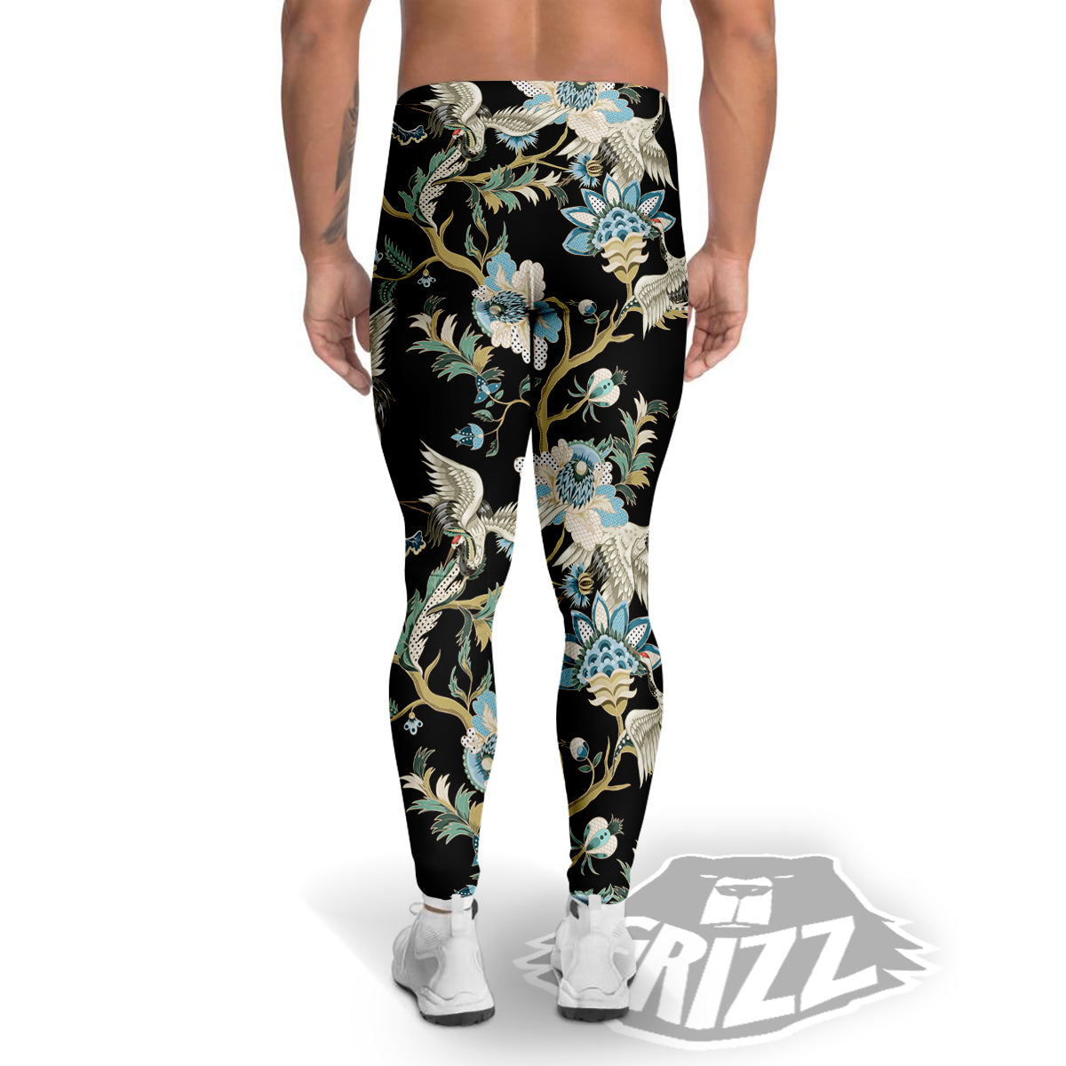 White Cranes Japanese Black Print Pattern Men's Leggings-grizzshop