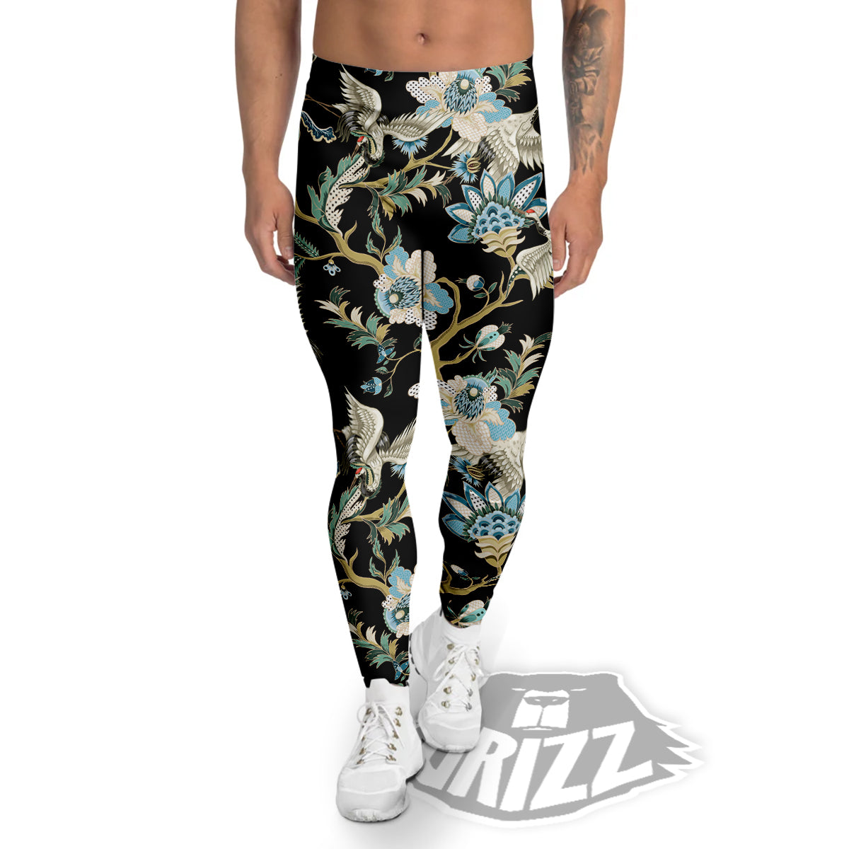 White Cranes Japanese Black Print Pattern Men's Leggings-grizzshop