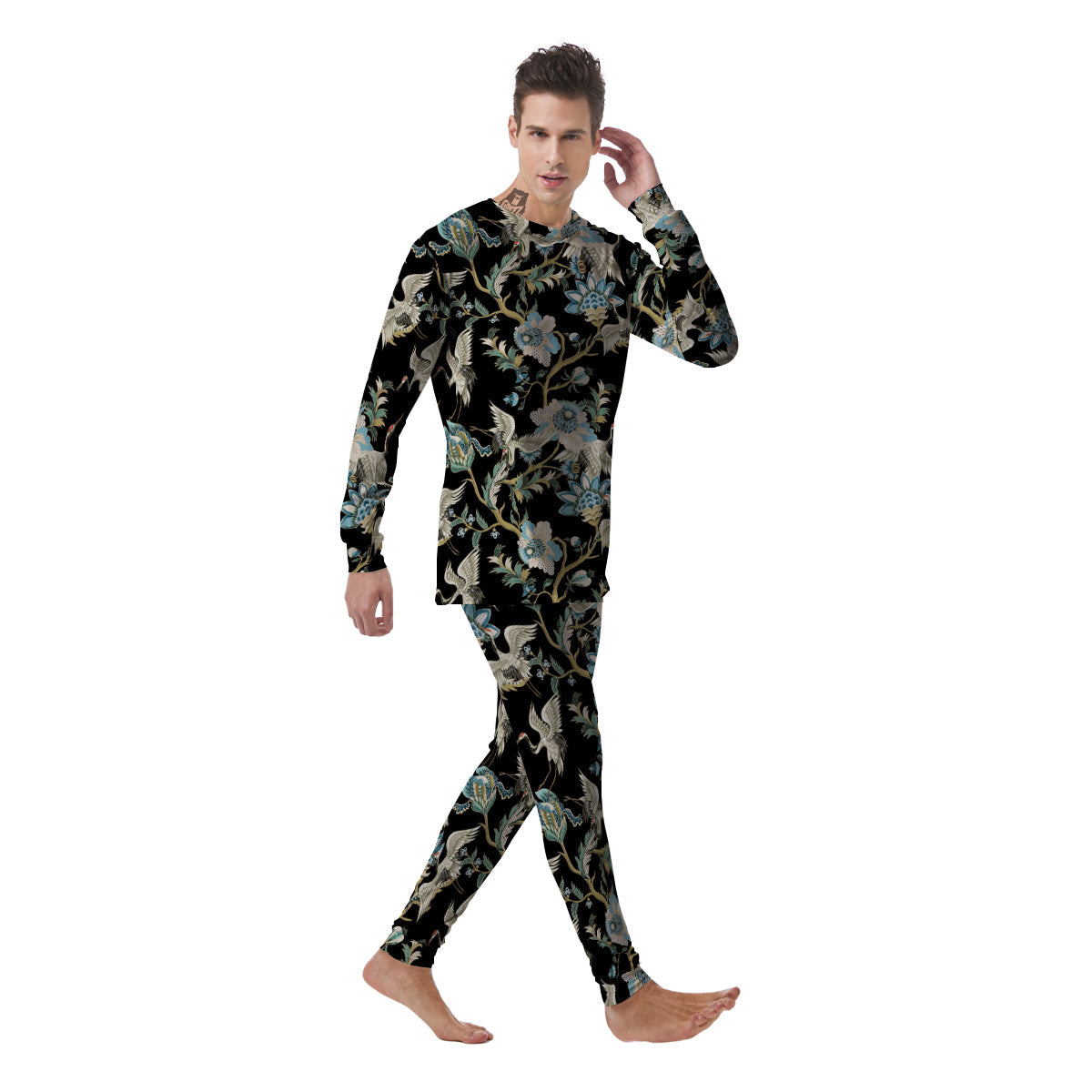 White Cranes Japanese Black Print Pattern Men's Pajamas-grizzshop