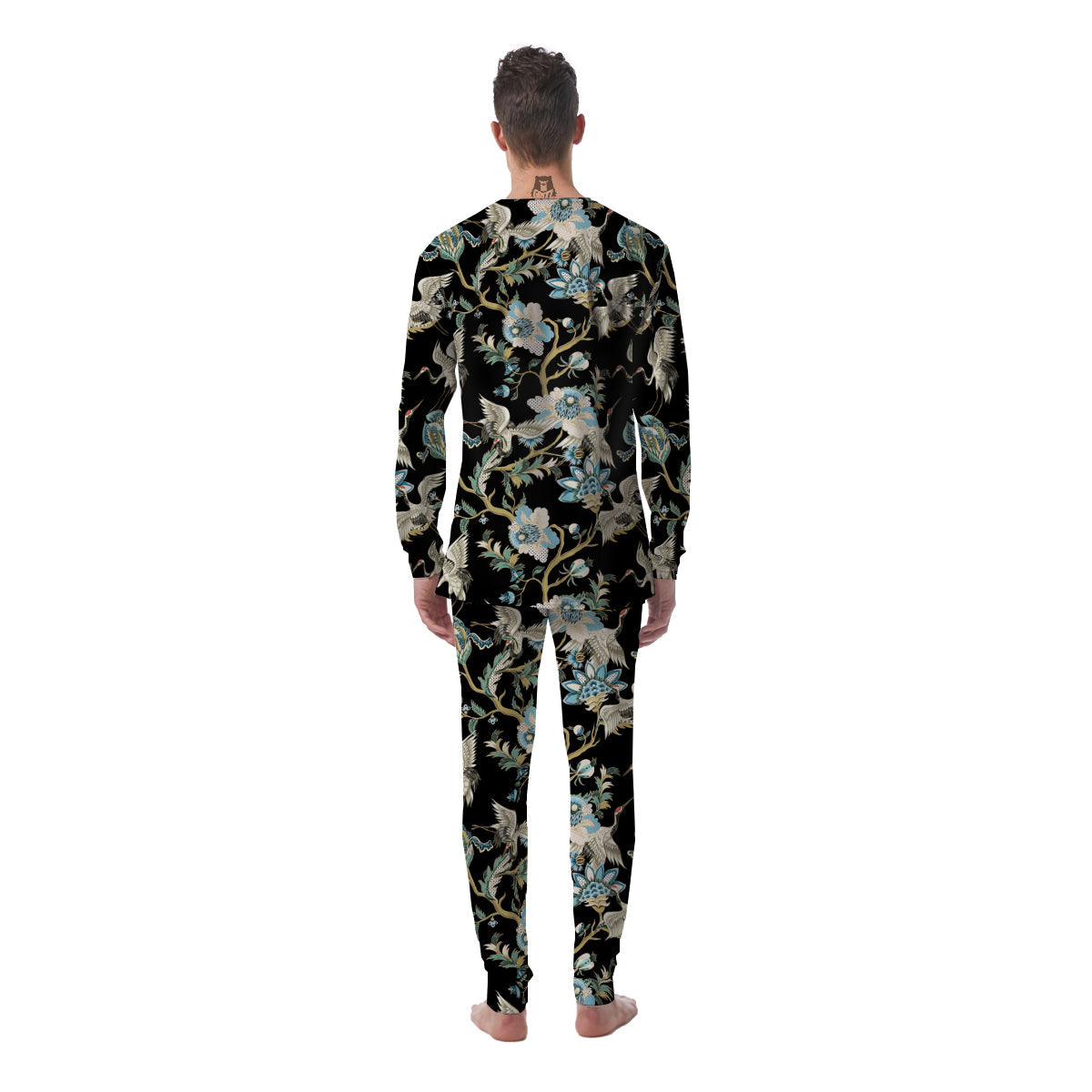 White Cranes Japanese Black Print Pattern Men's Pajamas-grizzshop