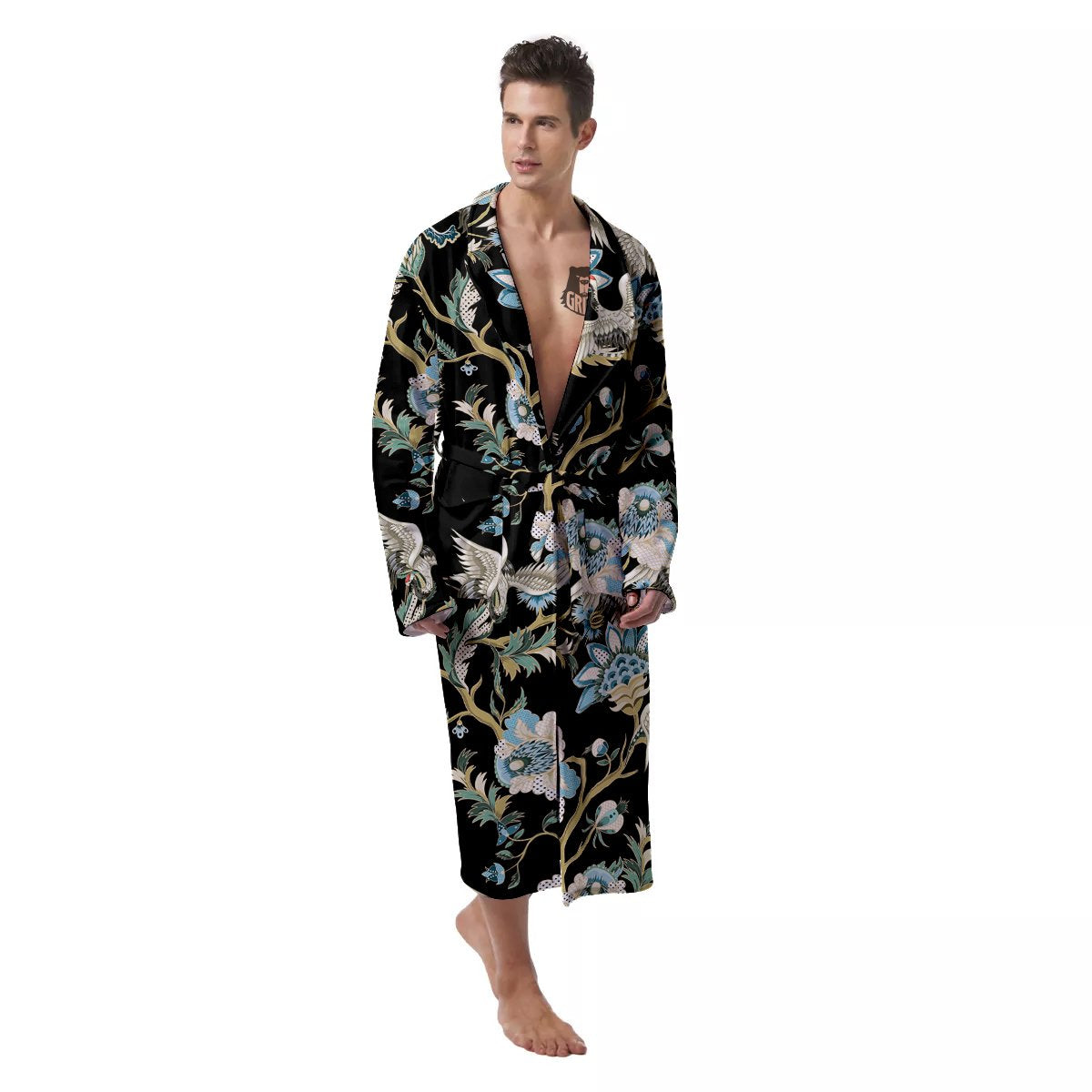White Cranes Japanese Black Print Pattern Men's Robe-grizzshop