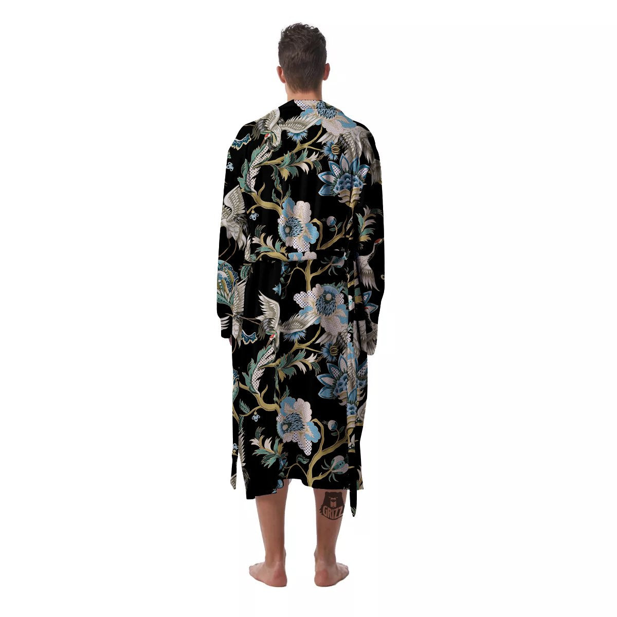 White Cranes Japanese Black Print Pattern Men's Robe-grizzshop