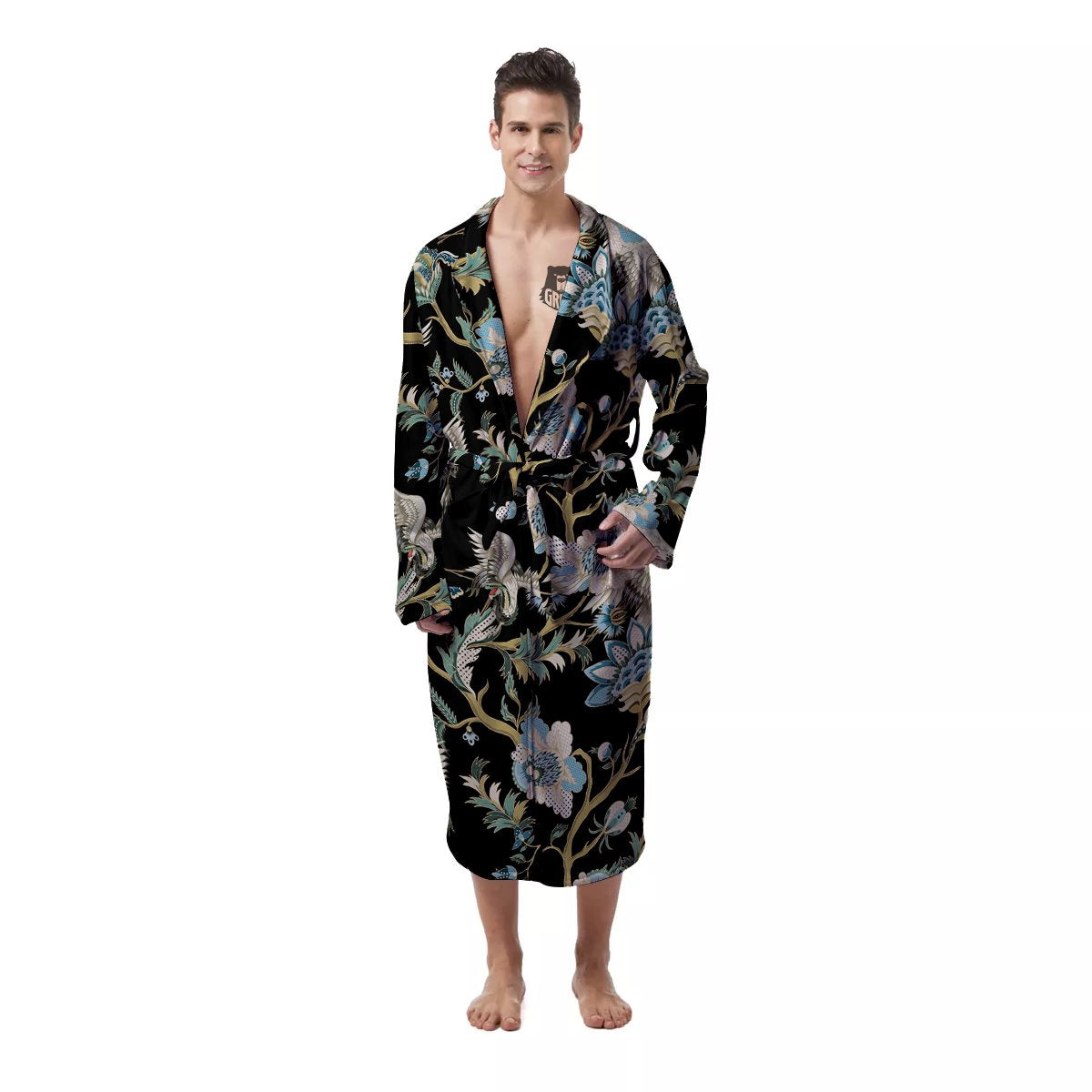 White Cranes Japanese Black Print Pattern Men's Robe-grizzshop