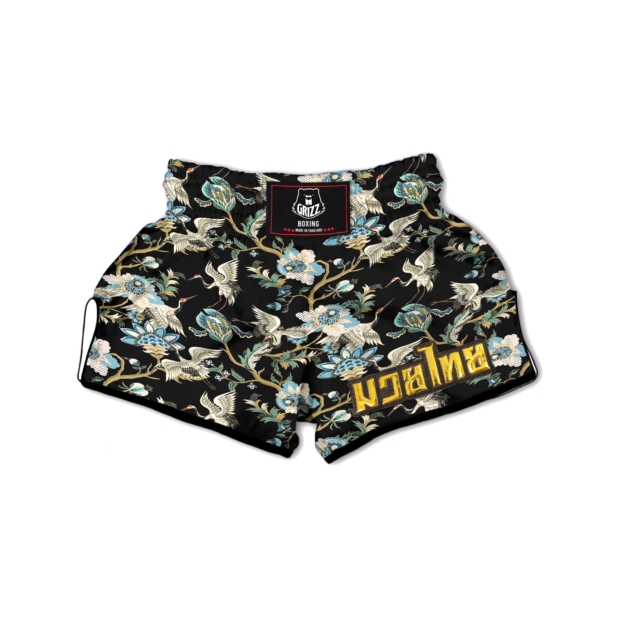 White Cranes Japanese Black Print Pattern Muay Thai Boxing Shorts-grizzshop