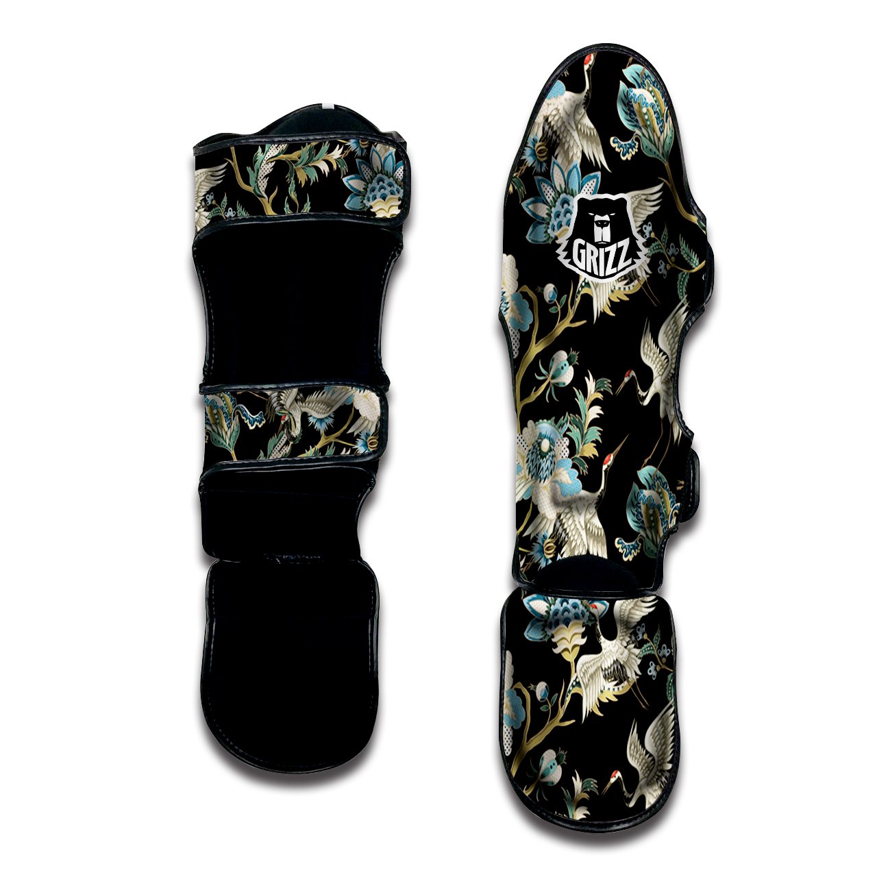 White Cranes Japanese Black Print Pattern Muay Thai Shin Guards-grizzshop