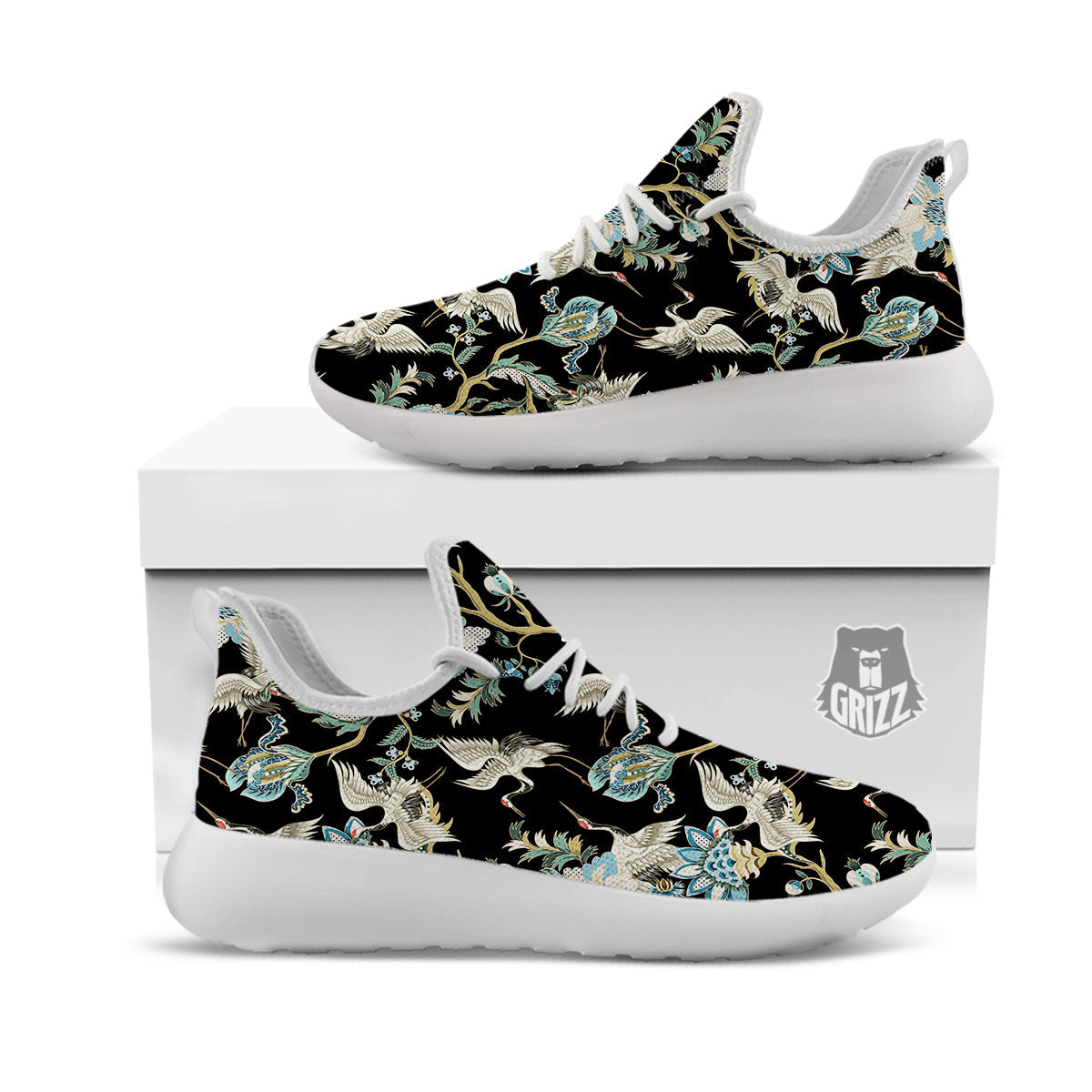 White Cranes Japanese Black Print Pattern White Athletic Shoes-grizzshop