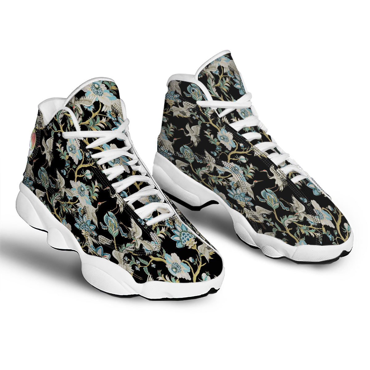 White Cranes Japanese Black Print Pattern White Basketball Shoes-grizzshop