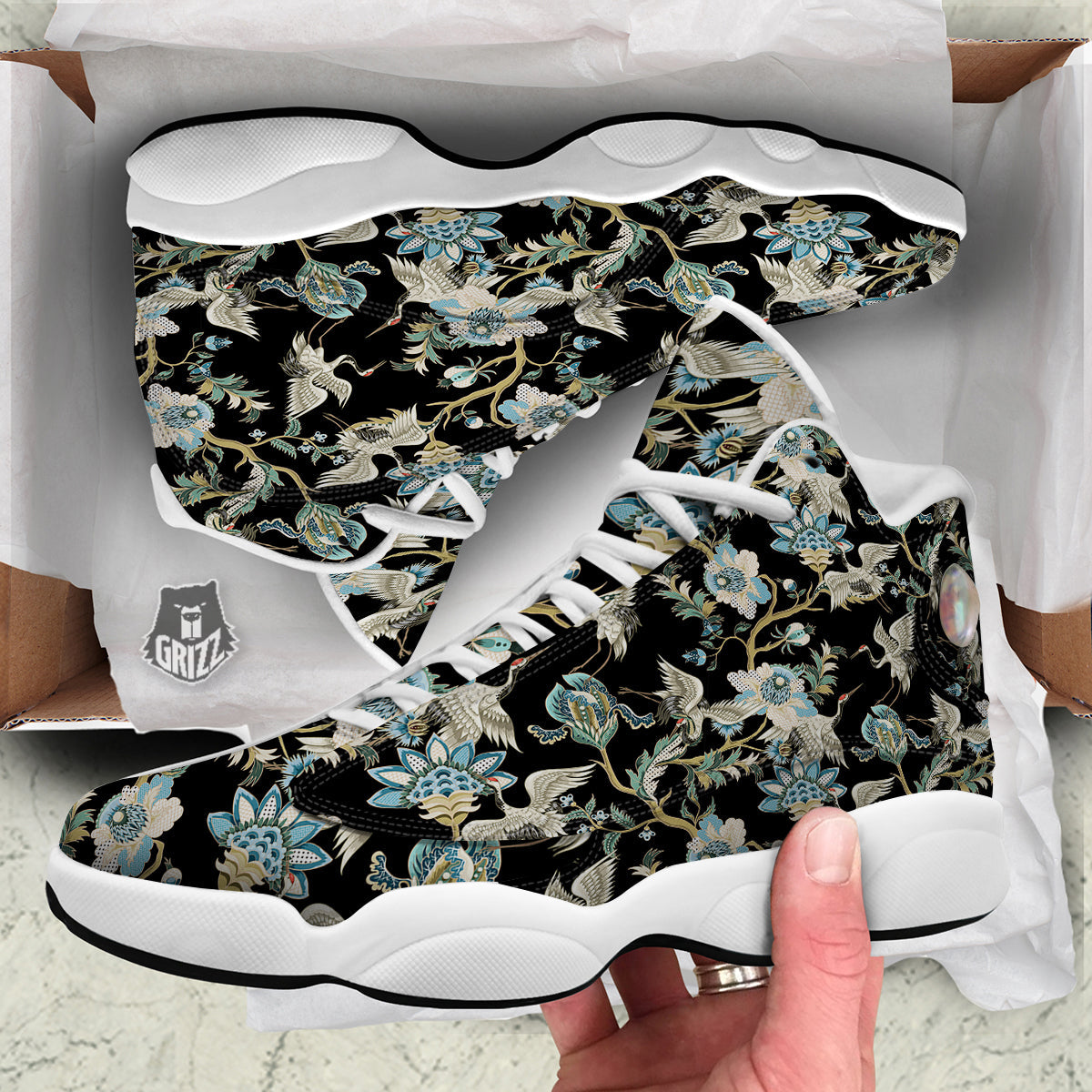 White Cranes Japanese Black Print Pattern White Basketball Shoes-grizzshop