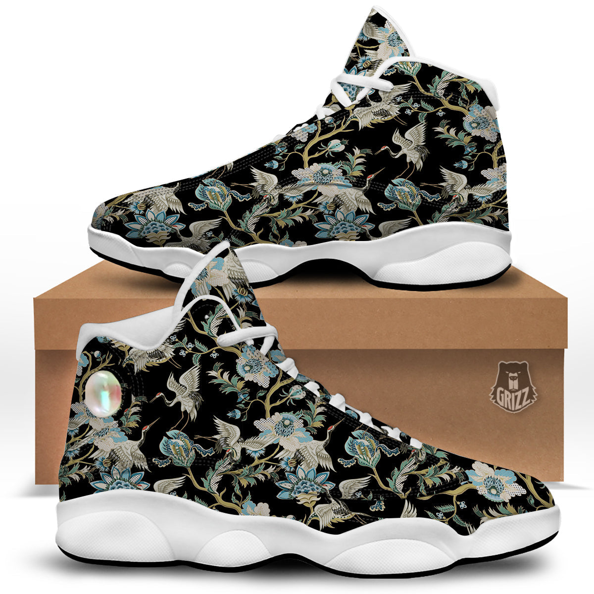 White Cranes Japanese Black Print Pattern White Basketball Shoes-grizzshop