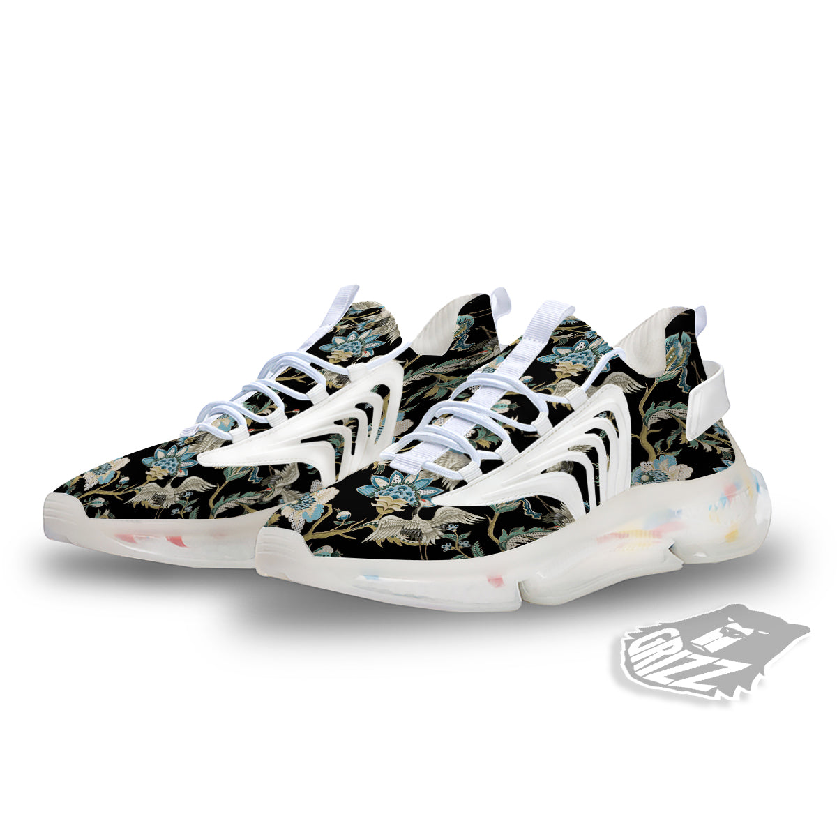 White Cranes Japanese Black Print Pattern White Gym Shoes-grizzshop