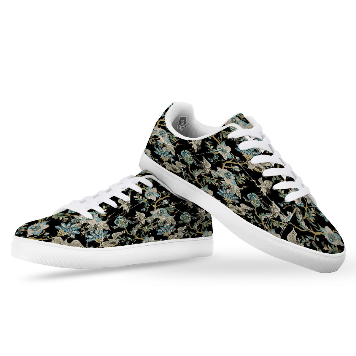 White Cranes Japanese Black Print Pattern White Low Top Sneakers-grizzshop