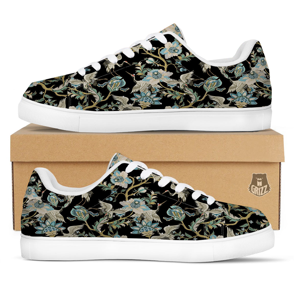 White Cranes Japanese Black Print Pattern White Low Top Sneakers-grizzshop