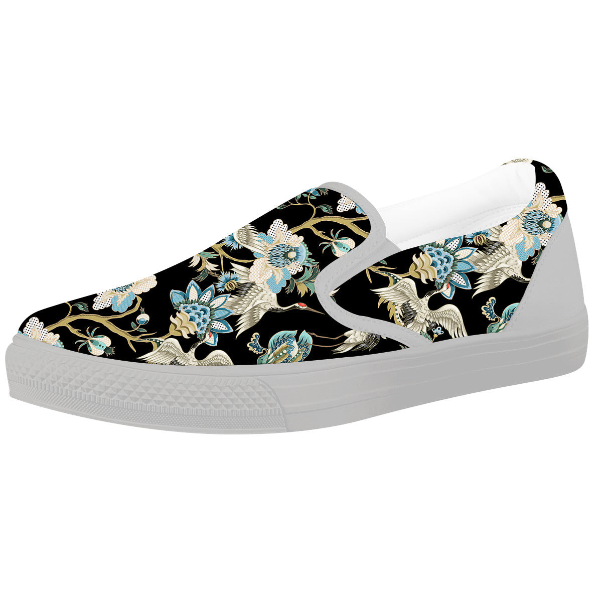 White Cranes Japanese Black Print Pattern White Slip On Shoes-grizzshop