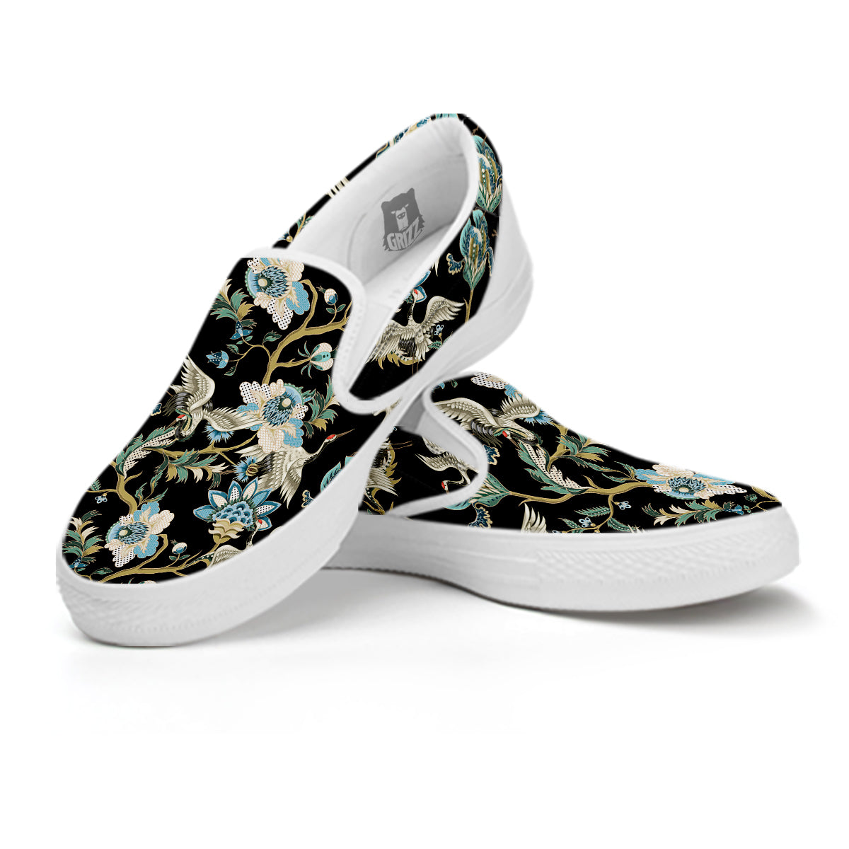 White Cranes Japanese Black Print Pattern White Slip On Shoes-grizzshop