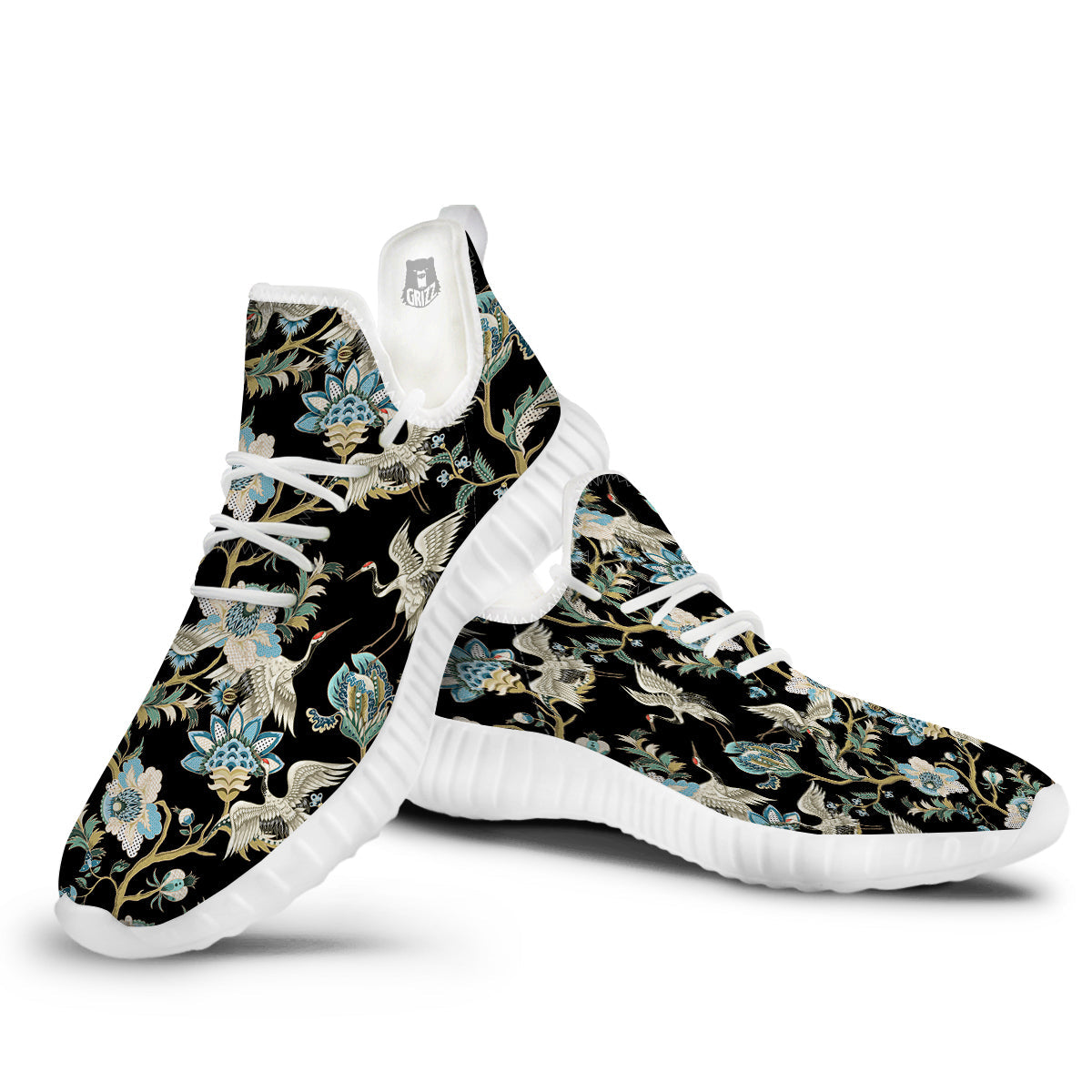 White Cranes Japanese Black Print Pattern White Walking Shoes-grizzshop