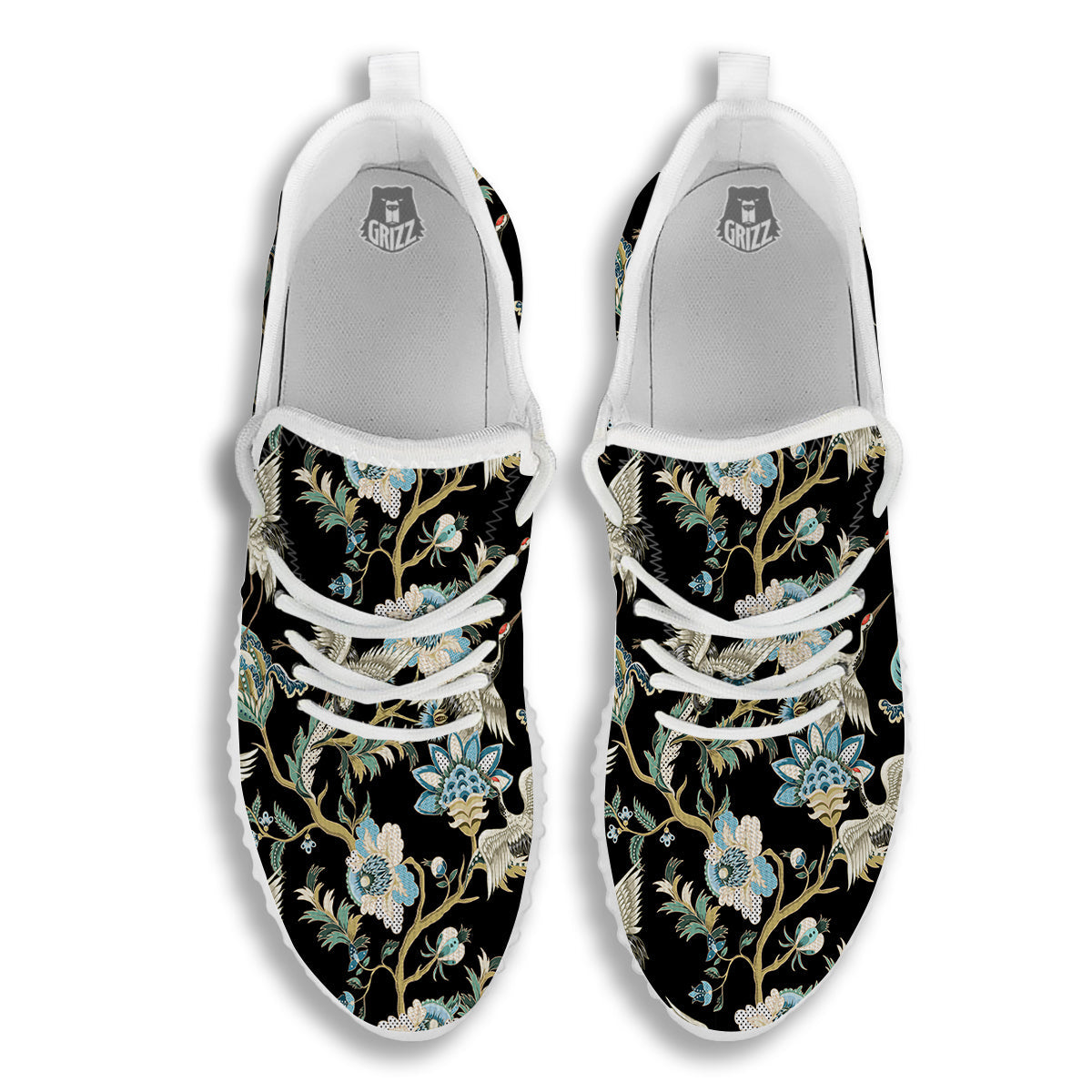 White Cranes Japanese Black Print Pattern White Walking Shoes-grizzshop