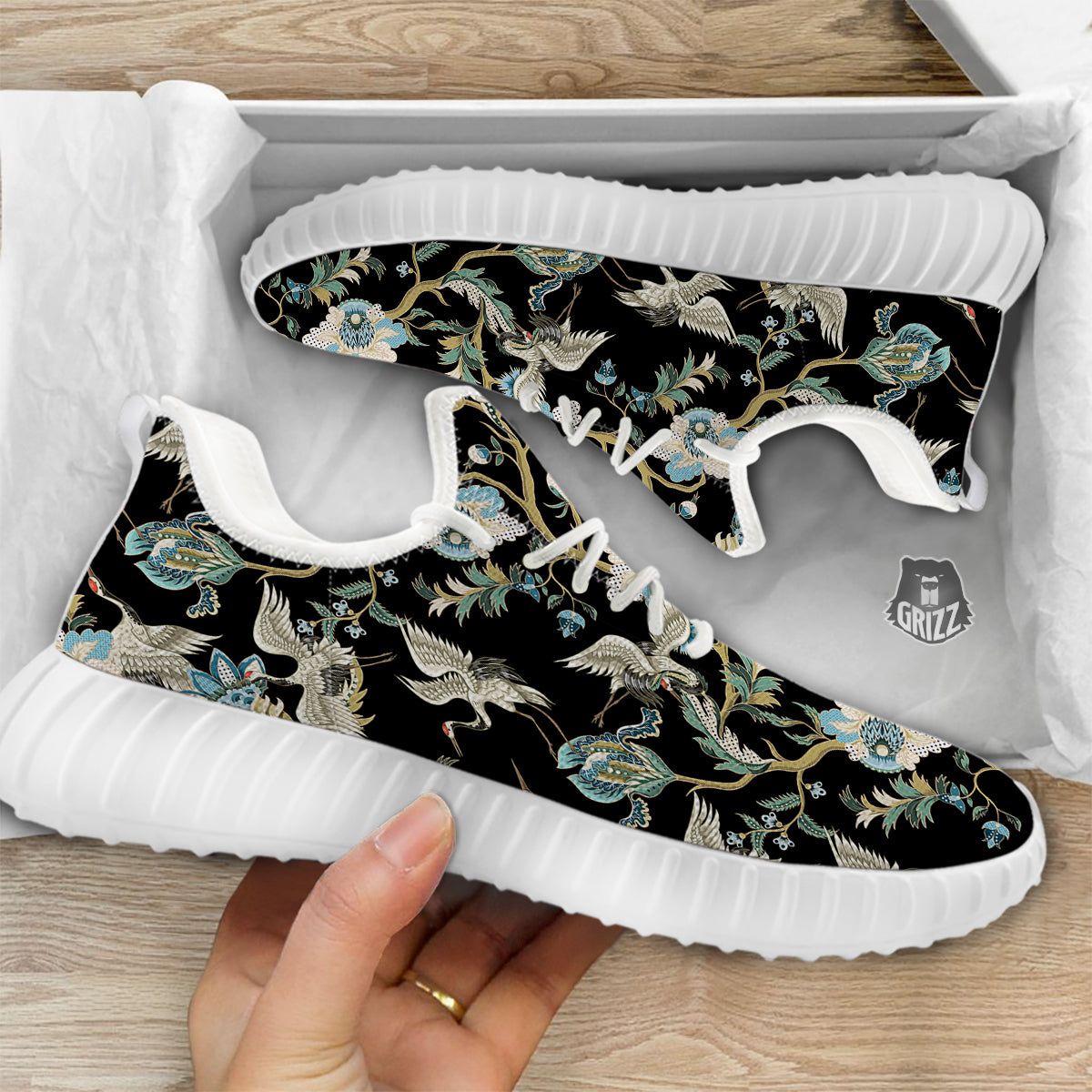 White Cranes Japanese Black Print Pattern White Walking Shoes-grizzshop