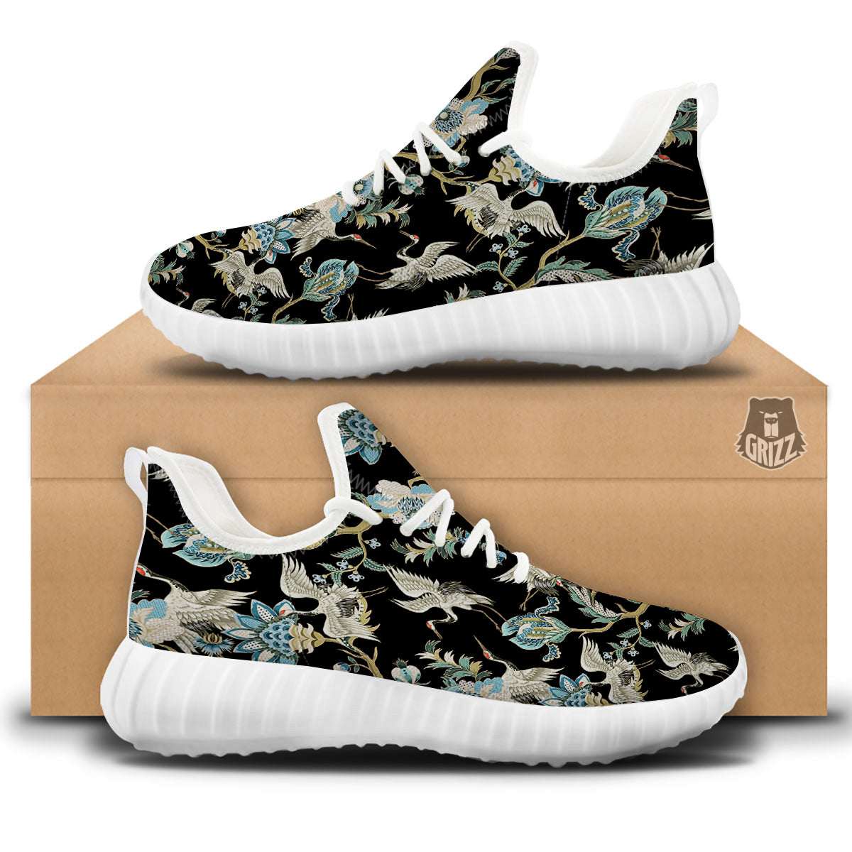 White Cranes Japanese Black Print Pattern White Walking Shoes-grizzshop