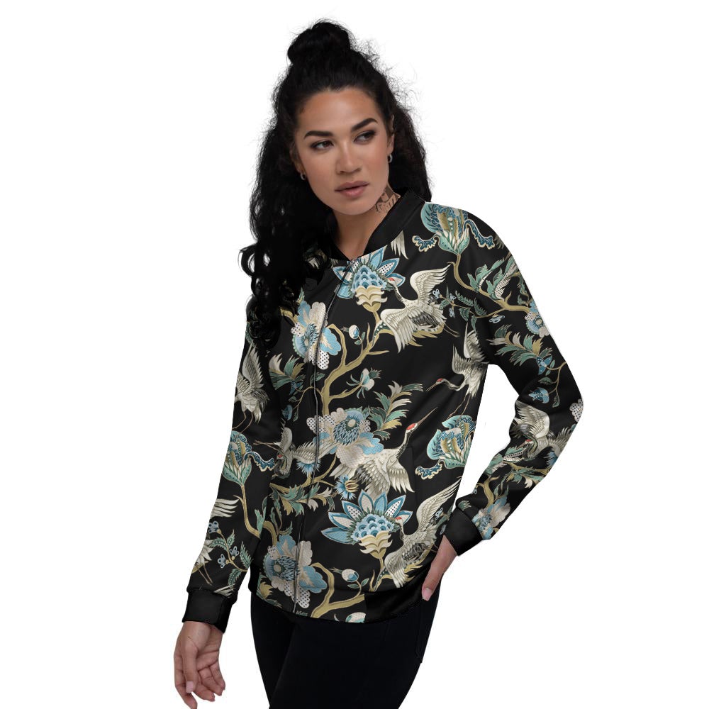 White Cranes Japanese Black Print Pattern Women's Bomber Jacket-grizzshop