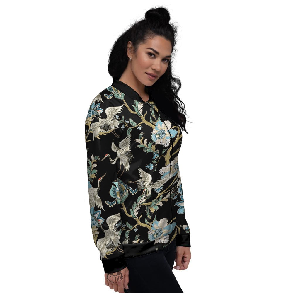 White Cranes Japanese Black Print Pattern Women's Bomber Jacket-grizzshop