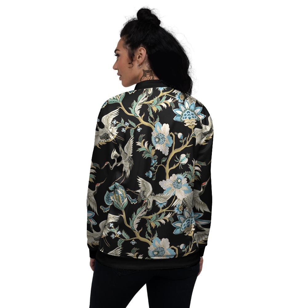 White Cranes Japanese Black Print Pattern Women's Bomber Jacket-grizzshop