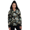 White Cranes Japanese Black Print Pattern Women's Bomber Jacket-grizzshop