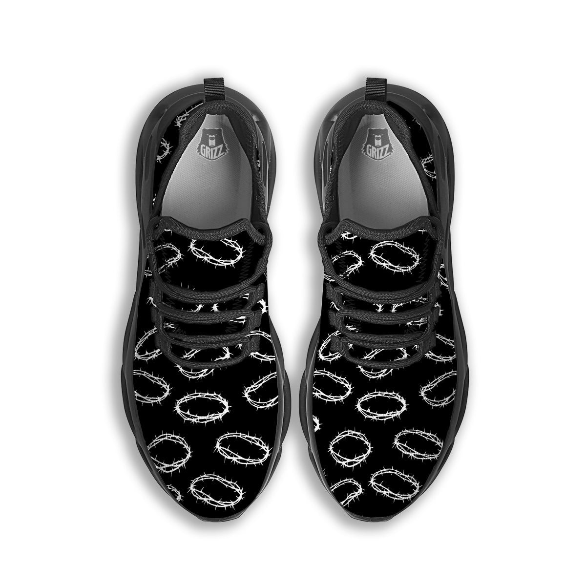 White Crown Of Thorns Print Pattern Black Running Shoes-grizzshop