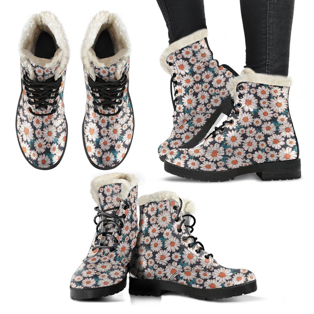 White Cute Daisy Pattern Print Comfy Winter Boots-grizzshop