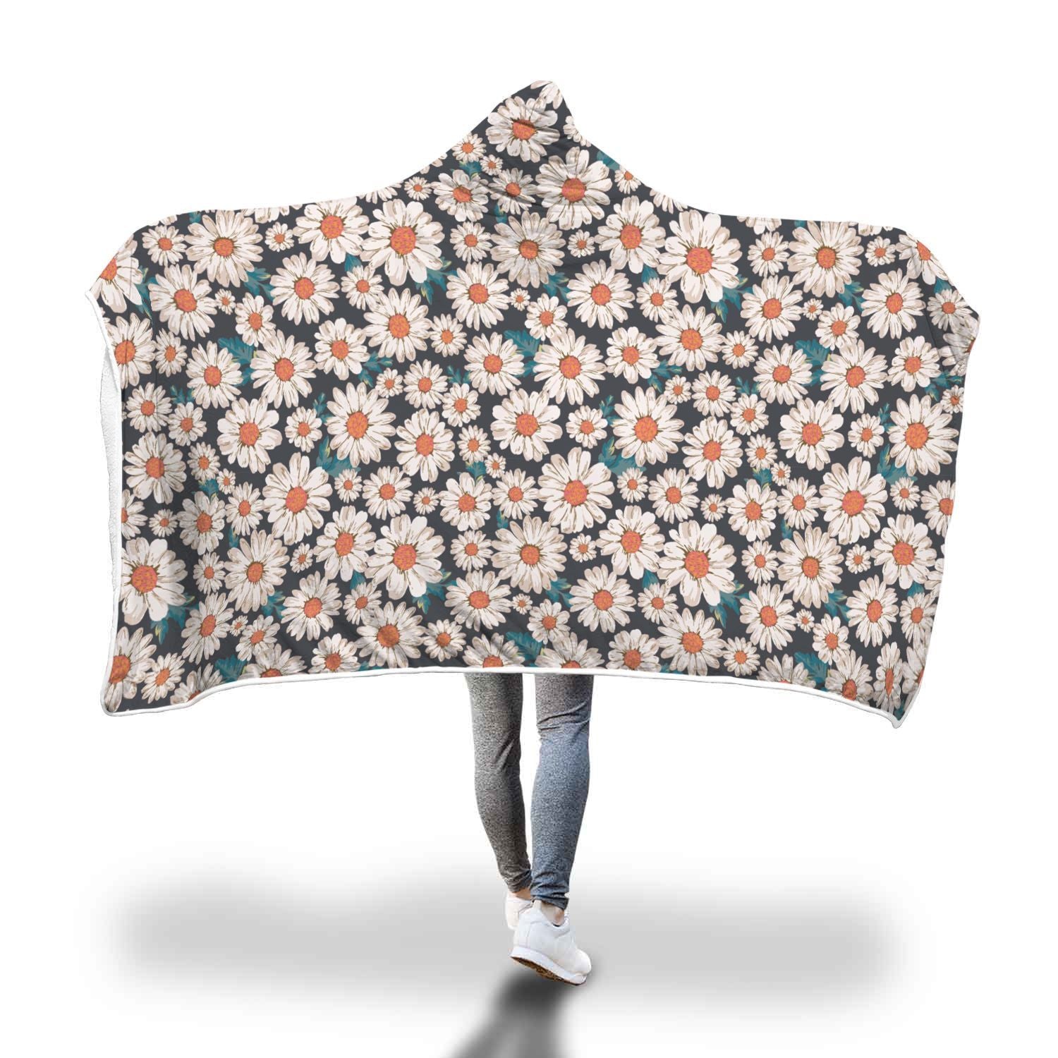 White Cute Daisy Pattern Print Hooded Blanket-grizzshop