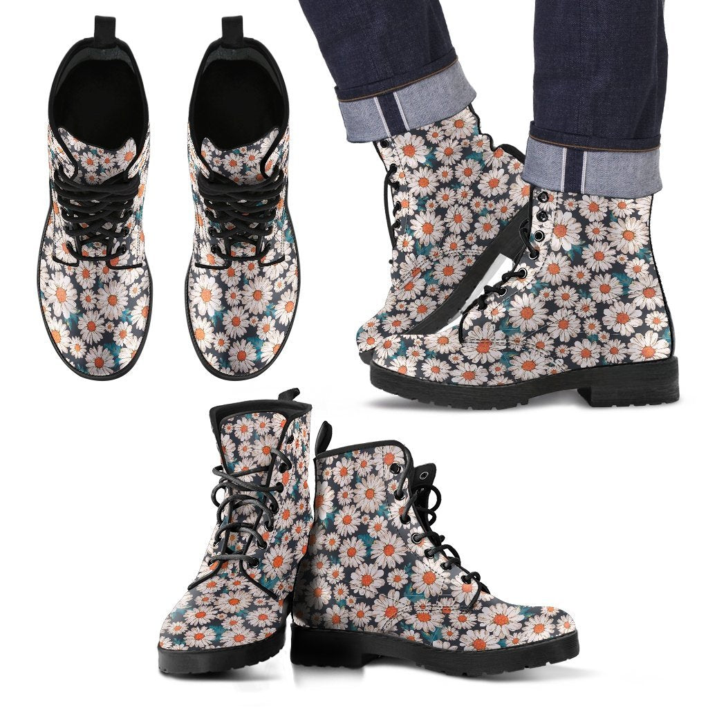 White Cute Daisy Pattern Print Men Women Leather Boots-grizzshop