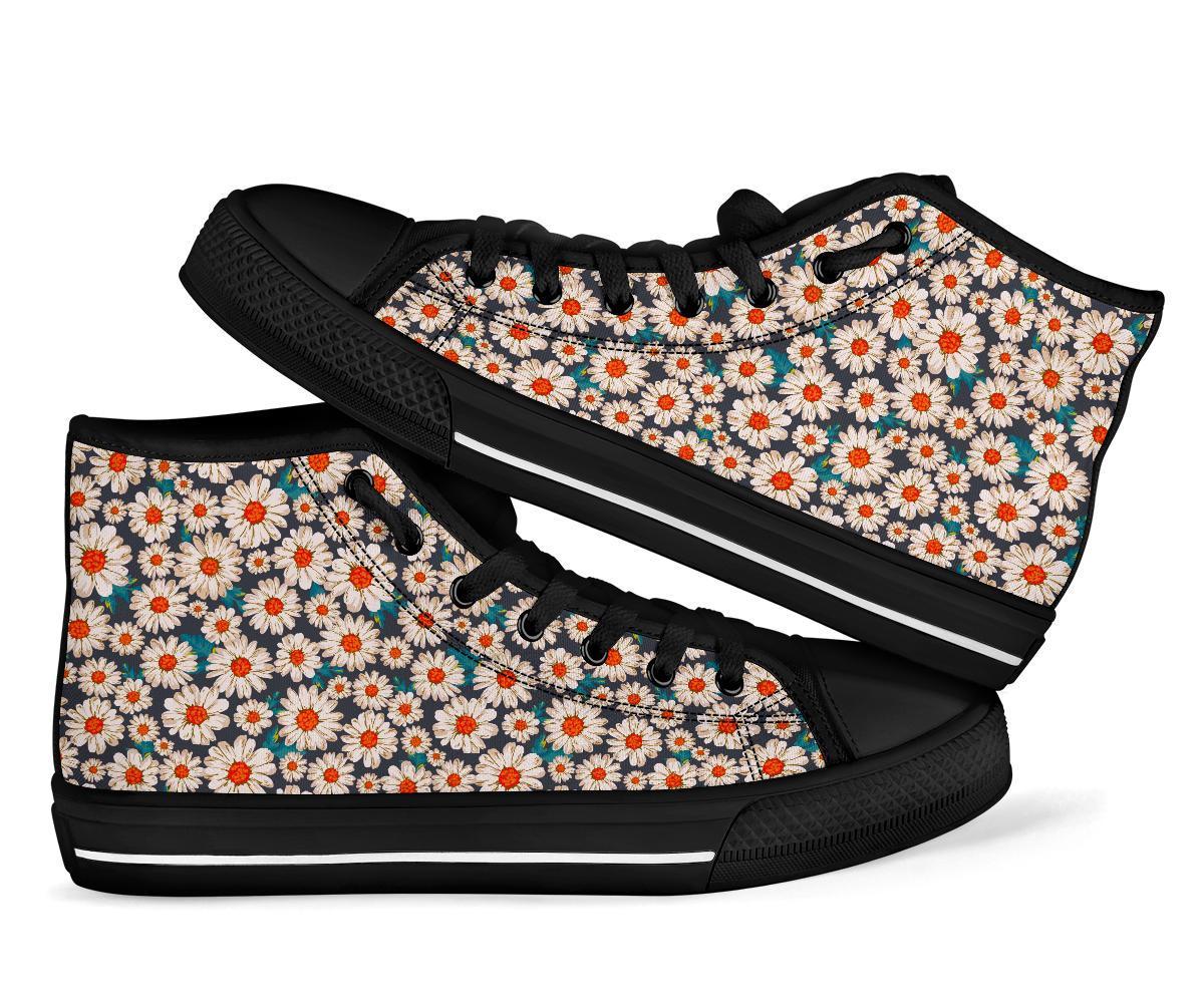 White Cute Daisy Pattern Print Men Women's High Top Shoes-grizzshop