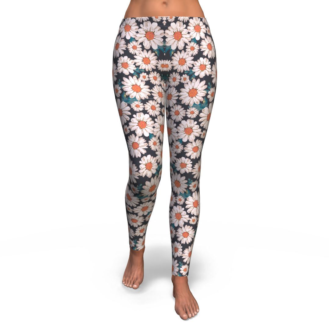 White Cute Daisy Pattern Print Pattern Women Leggings-grizzshop