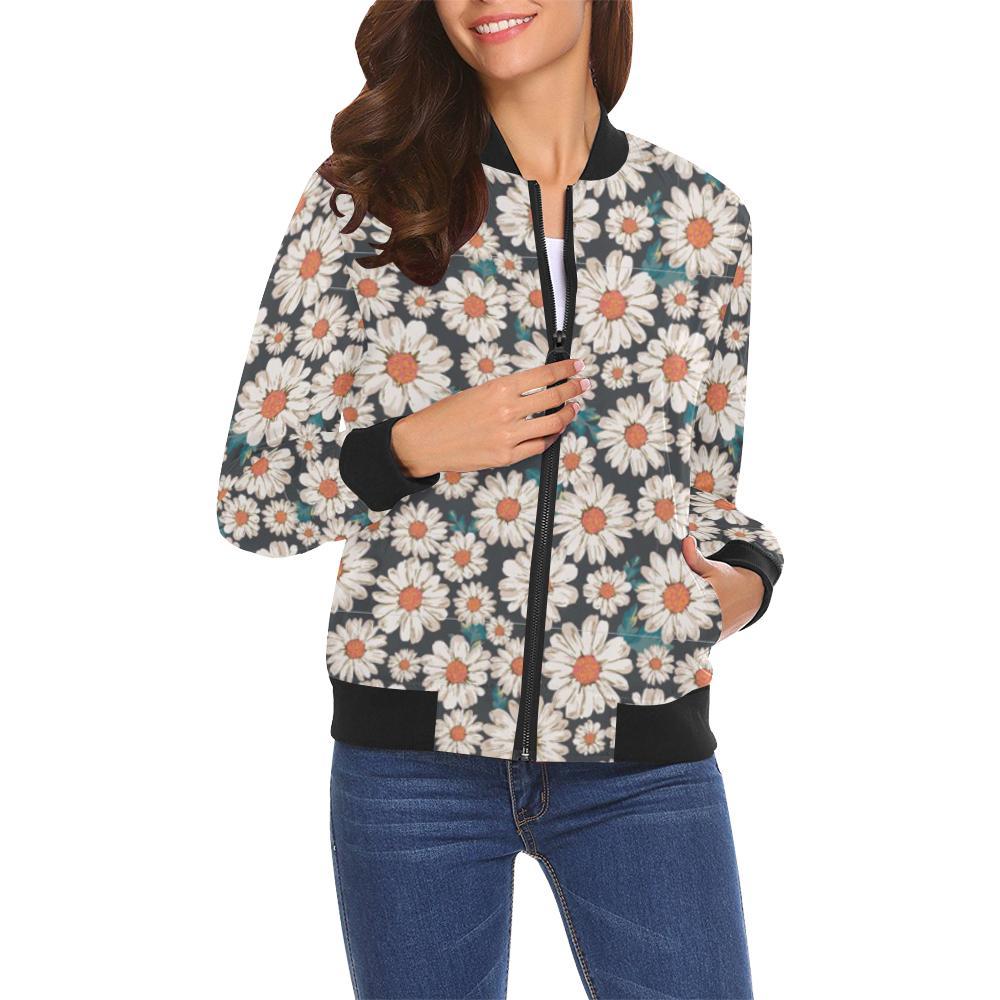 White Cute Daisy Pattern Print Women Casual Bomber Jacket-grizzshop