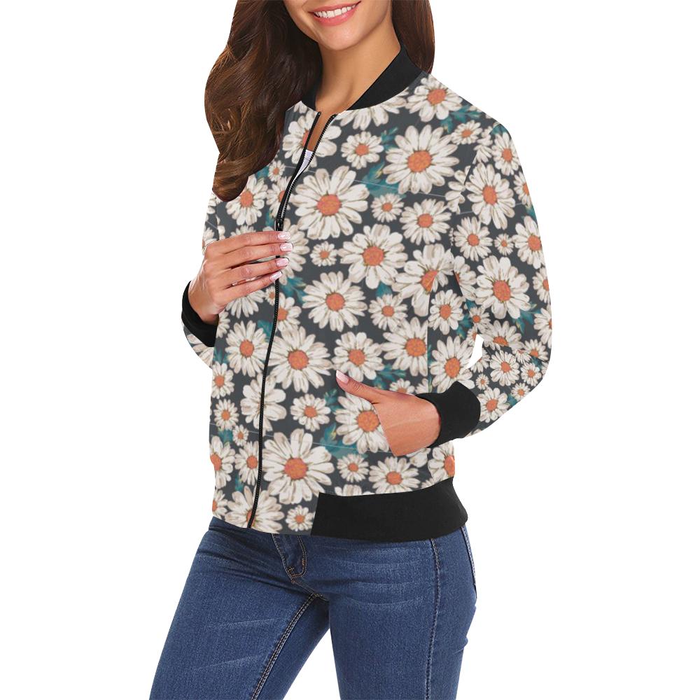 White Cute Daisy Pattern Print Women Casual Bomber Jacket-grizzshop