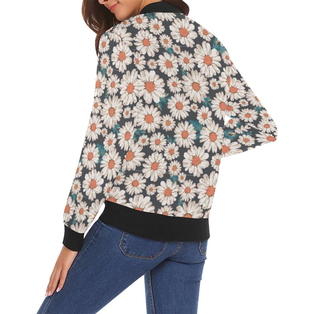 White Cute Daisy Pattern Print Women Casual Bomber Jacket-grizzshop