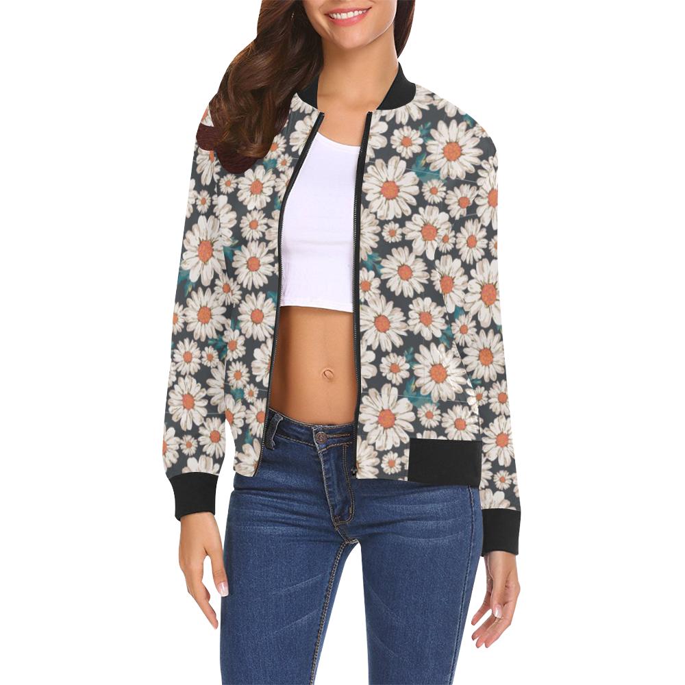 White Cute Daisy Pattern Print Women Casual Bomber Jacket-grizzshop