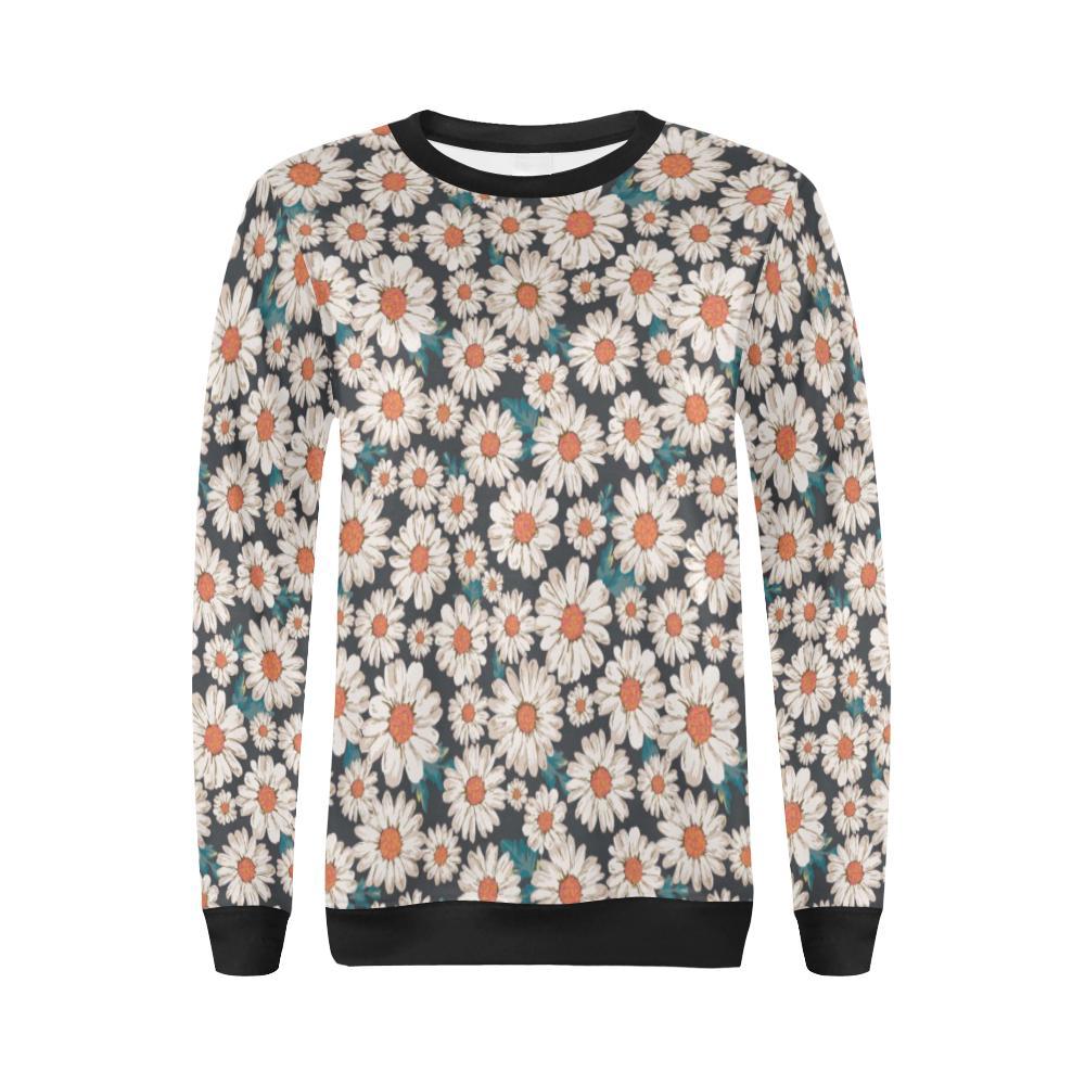 White Cute Daisy Pattern Print Women Crewneck Sweatshirt-grizzshop