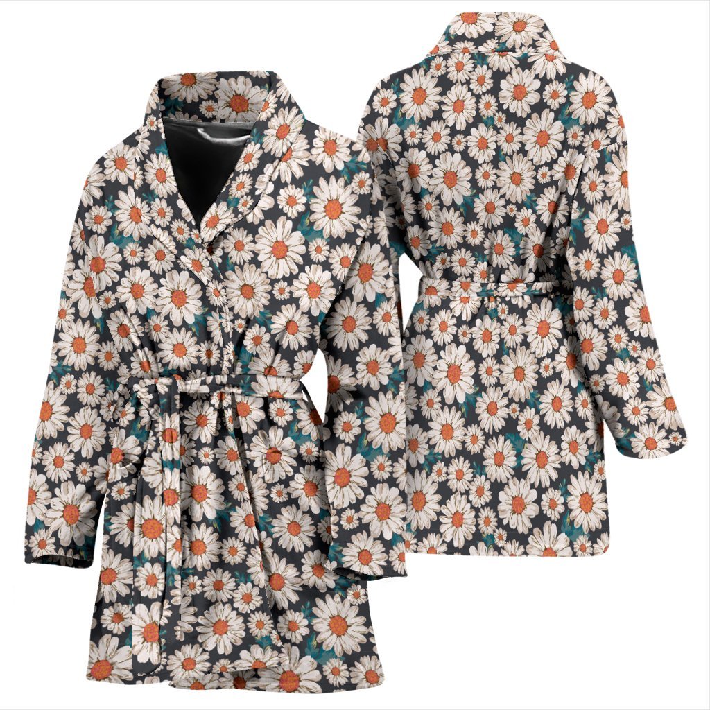 White Cute Daisy Pattern Print Women Long Robe-grizzshop