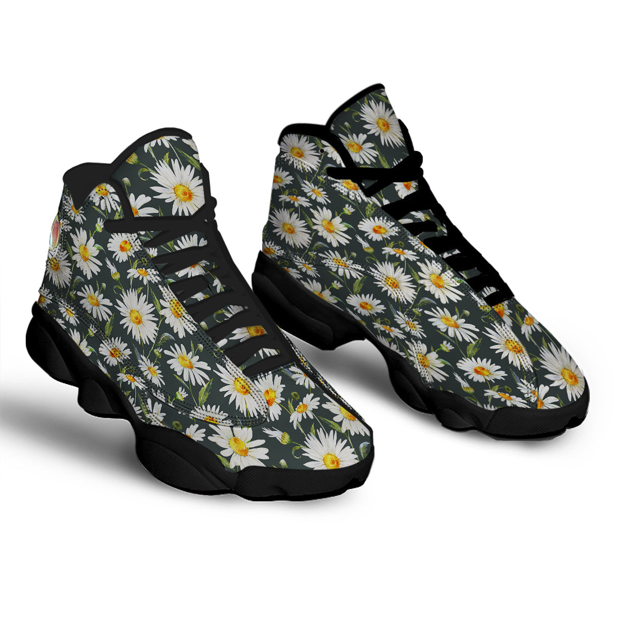 White Daisy Watercolor Print Pattern Black Basketball Shoes-grizzshop