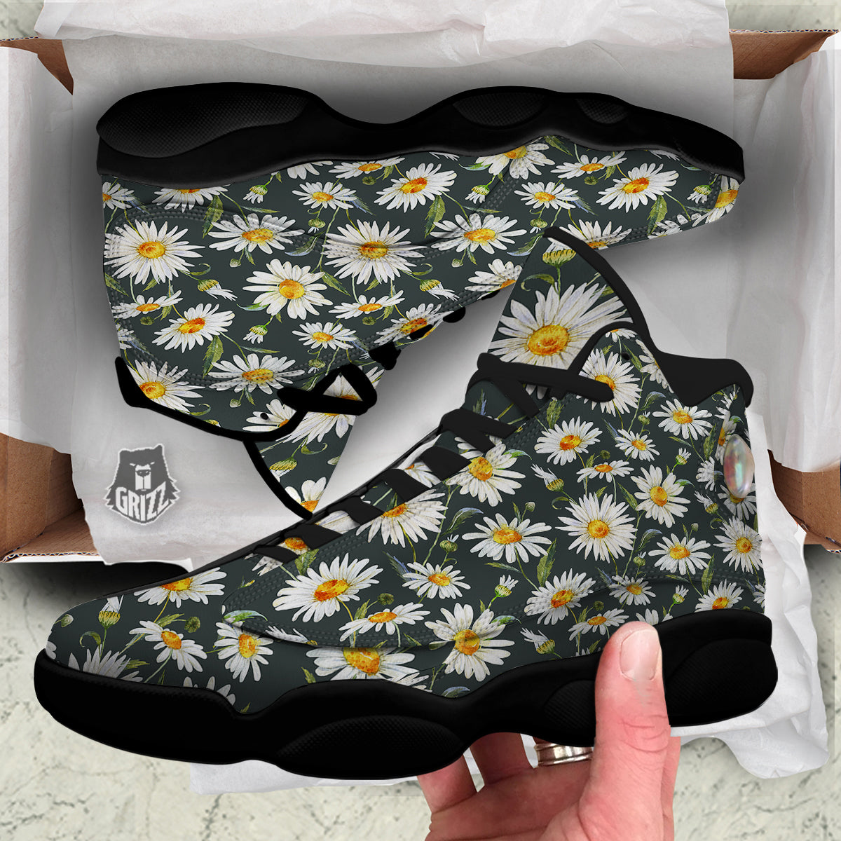 White Daisy Watercolor Print Pattern Black Basketball Shoes-grizzshop