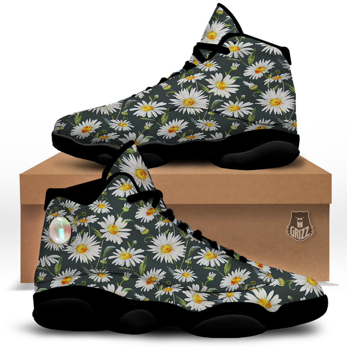 White Daisy Watercolor Print Pattern Black Basketball Shoes-grizzshop